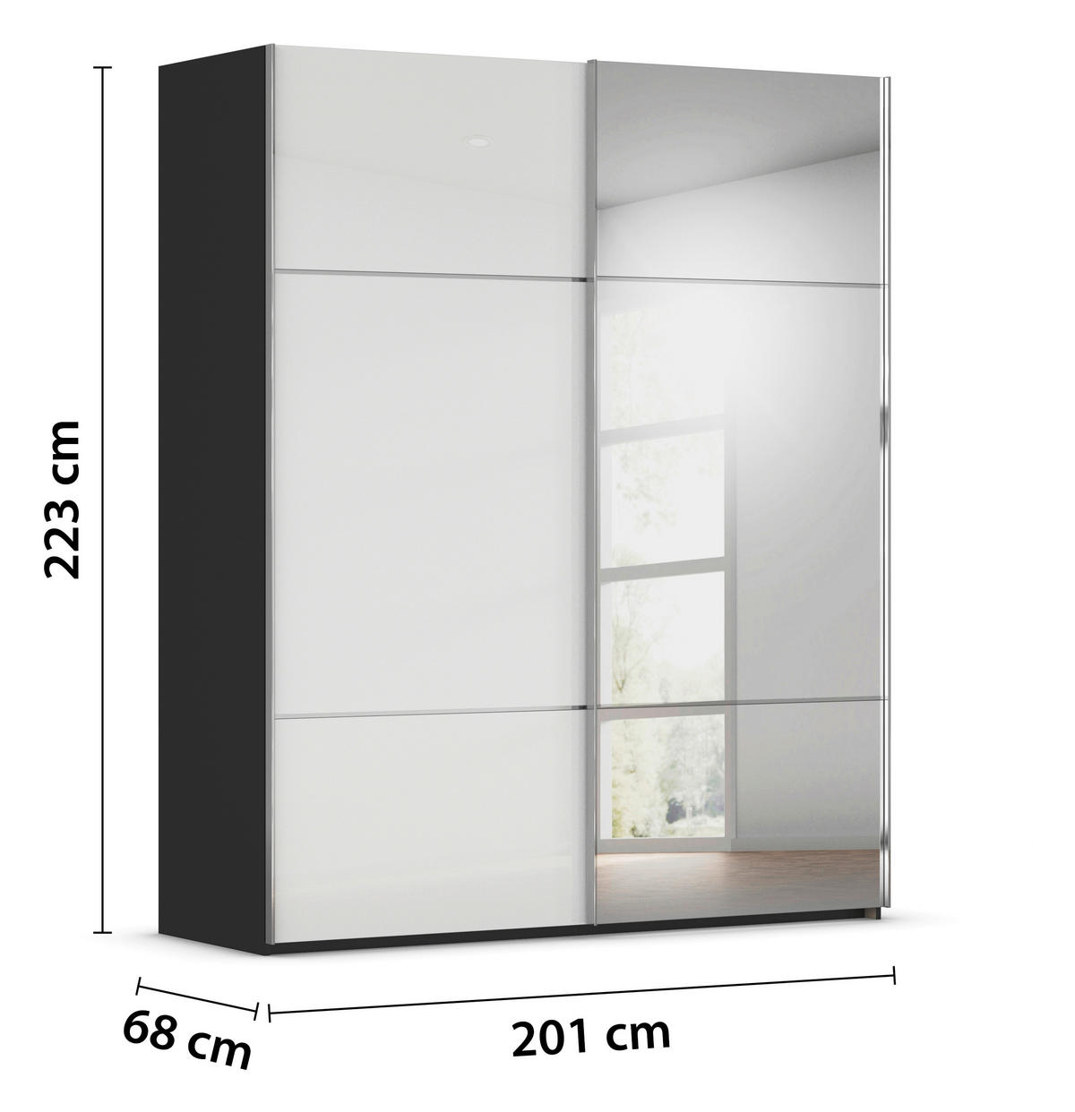 SCHWEBETÜRENSCHRANK  in Schwarz, Weiß  - Chromfarben/Schwarz, KONVENTIONELL, Glas/Holzwerkstoff (201/223/68cm) - Novel
