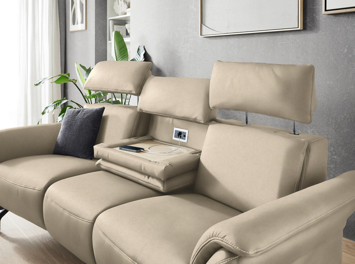 TRAPEZSOFA in Echtleder Ecru  - Ecru/Schwarz, Konventionell, Leder/Metall (221/103/95cm) - Dieter Knoll