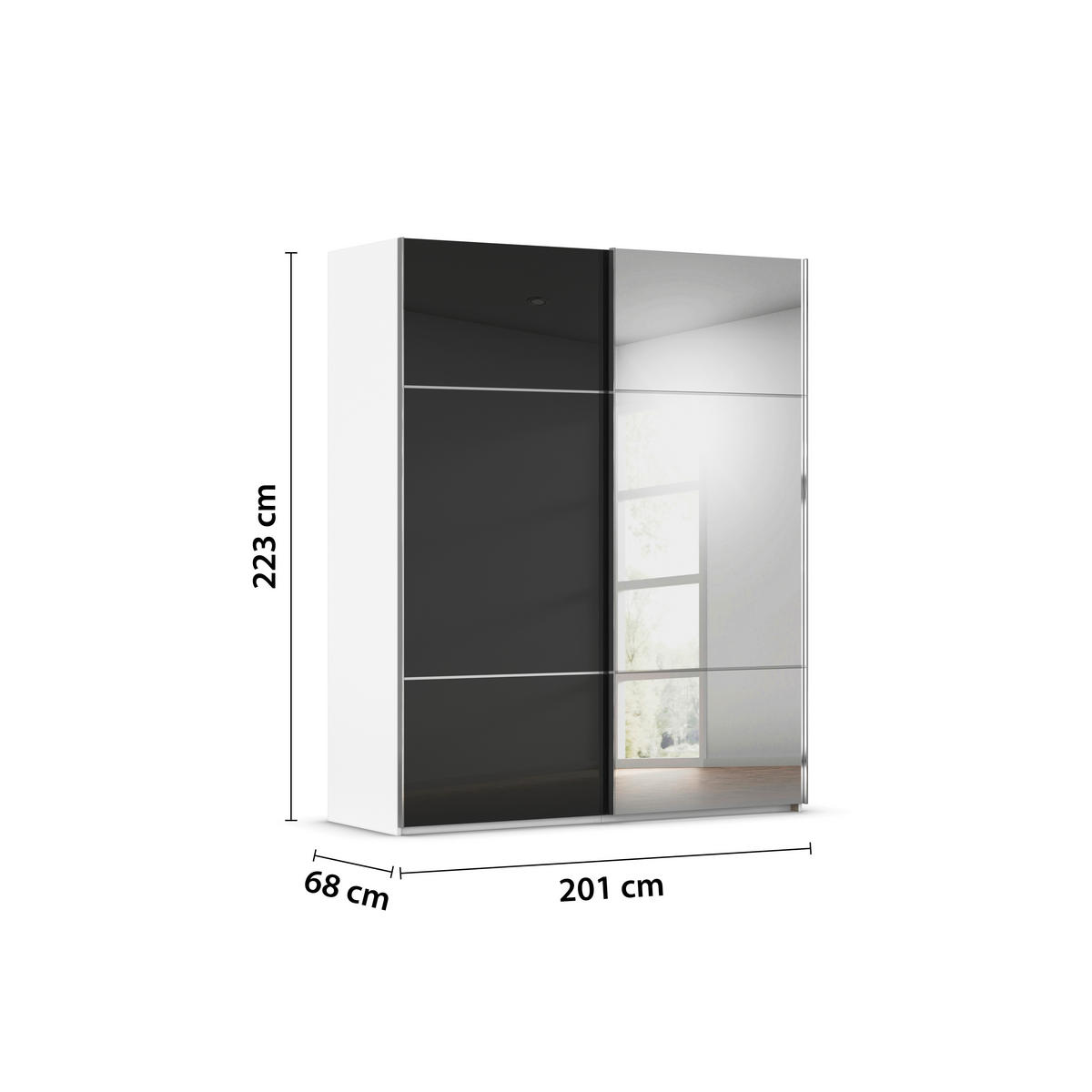 SCHWEBETÜRENSCHRANK 201/223/68 cm 2-türig Schwarz, Weiß  - Chromfarben/Schwarz, KONVENTIONELL, Glas/Holzwerkstoff (201/223/68cm) - Novel