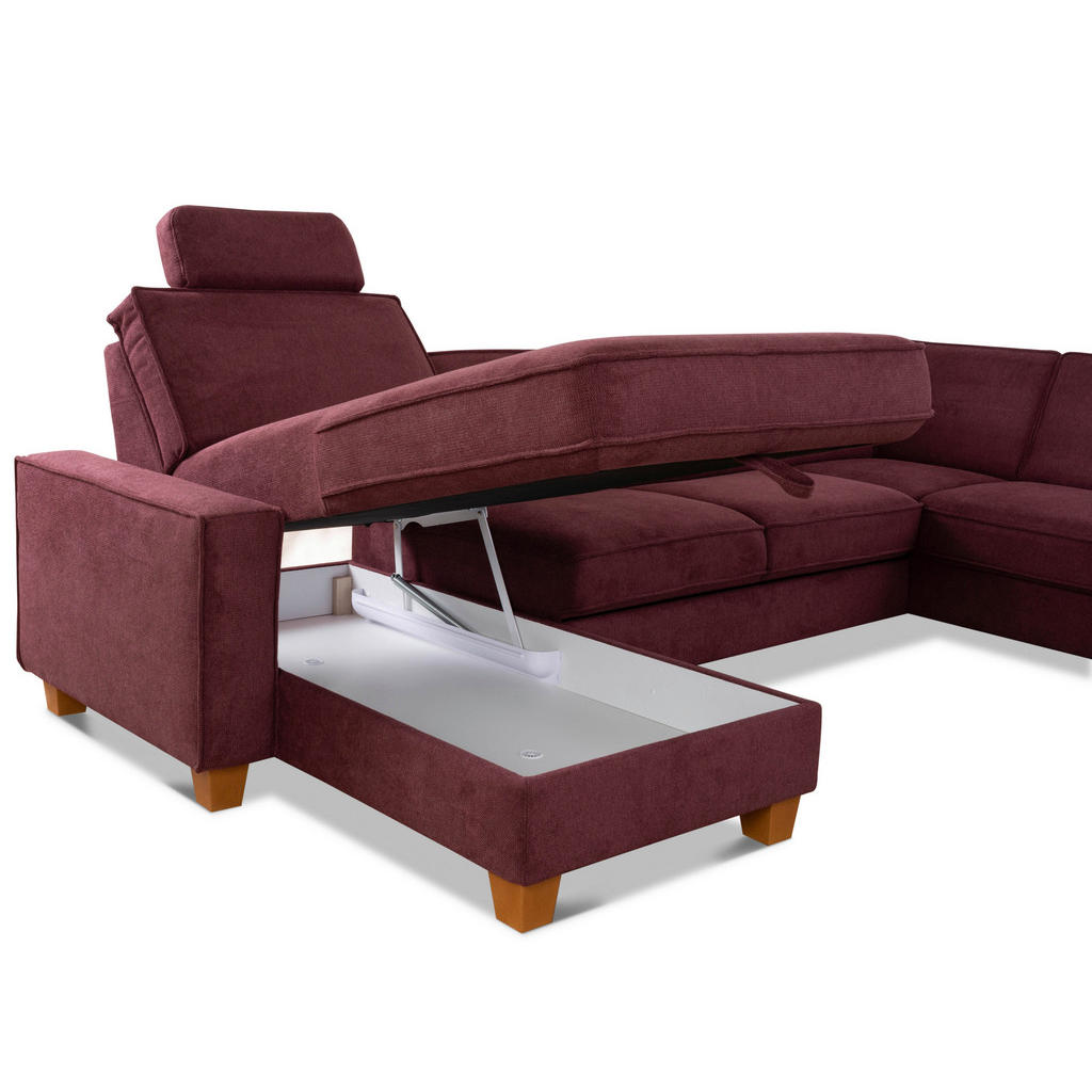 Thumbnail - Sit & More Wohnlandschaft, Dunkelrot, Textil, Buche, massiv, 7-Sitzer, Ottomane rechts, U-Form, 309x213 cm, Goldenes M, ...
