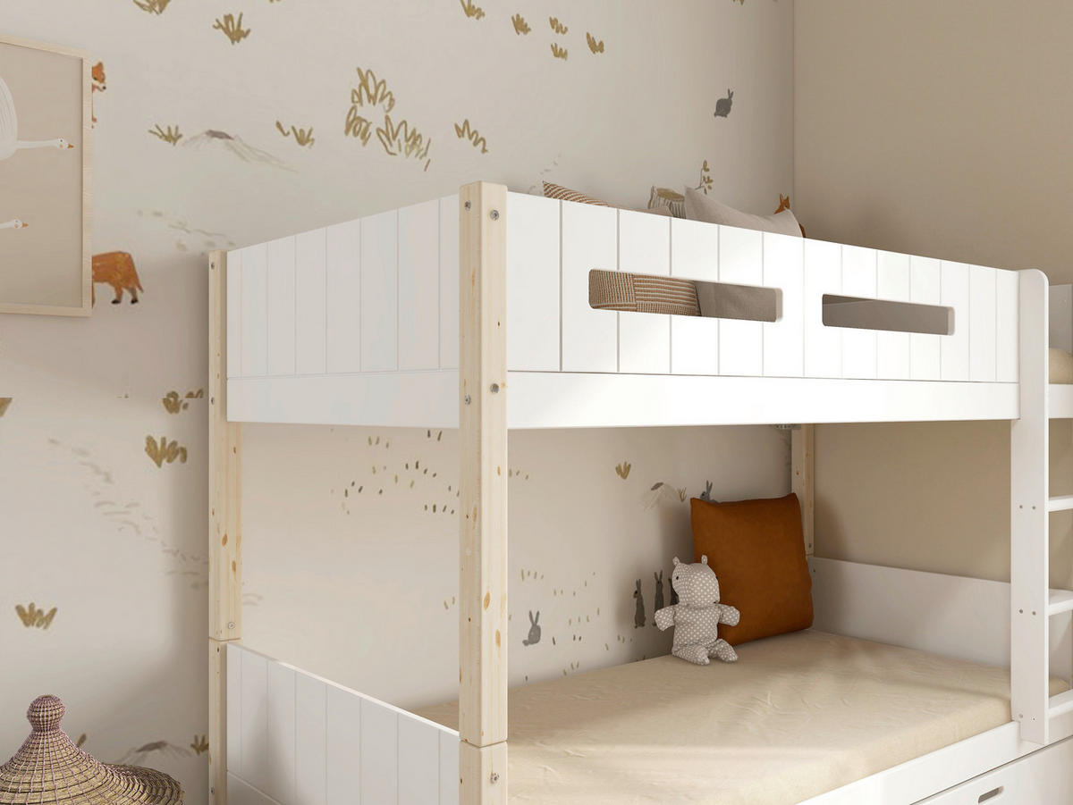 ETAGENBETT 90/200 cm,  in Absturzsicherung, Leiter, Rollroste, Bettschublade  - Naturfarben/Weiß, MODERN, Holz (90/200cm) - Chameo