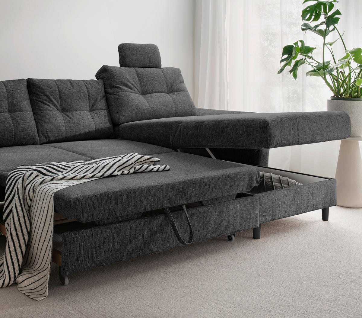 WOHNLANDSCHAFT in Chenille Anthrazit  - Anthrazit/Schwarz, Modern, Holz/Textil (206/338/176cm) - Livetastic