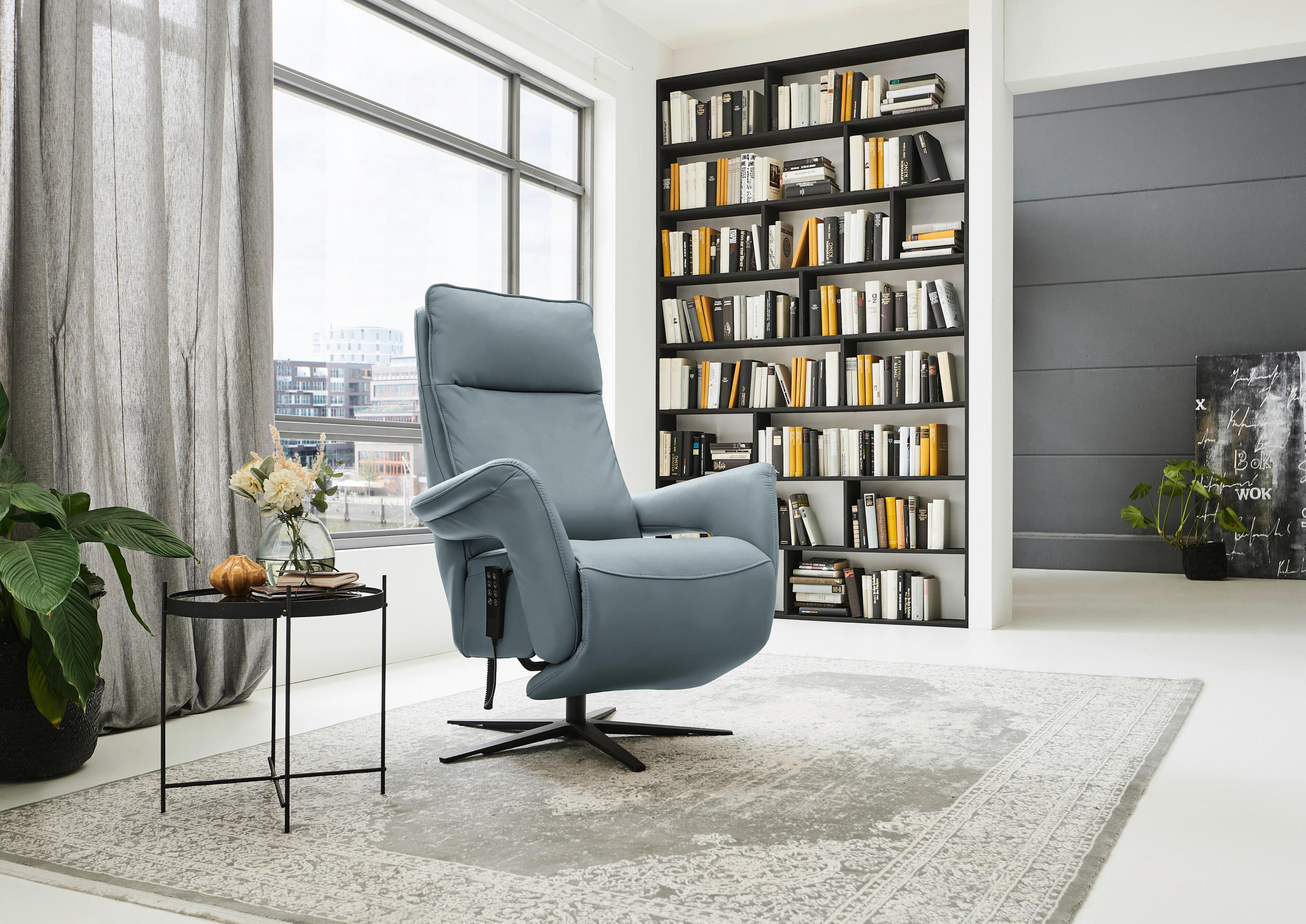 RELAXSESSEL in Leder Blaugrau  - Blaugrau/Schwarz, Design, Leder/Metall (83/116/87cm) - Valdera