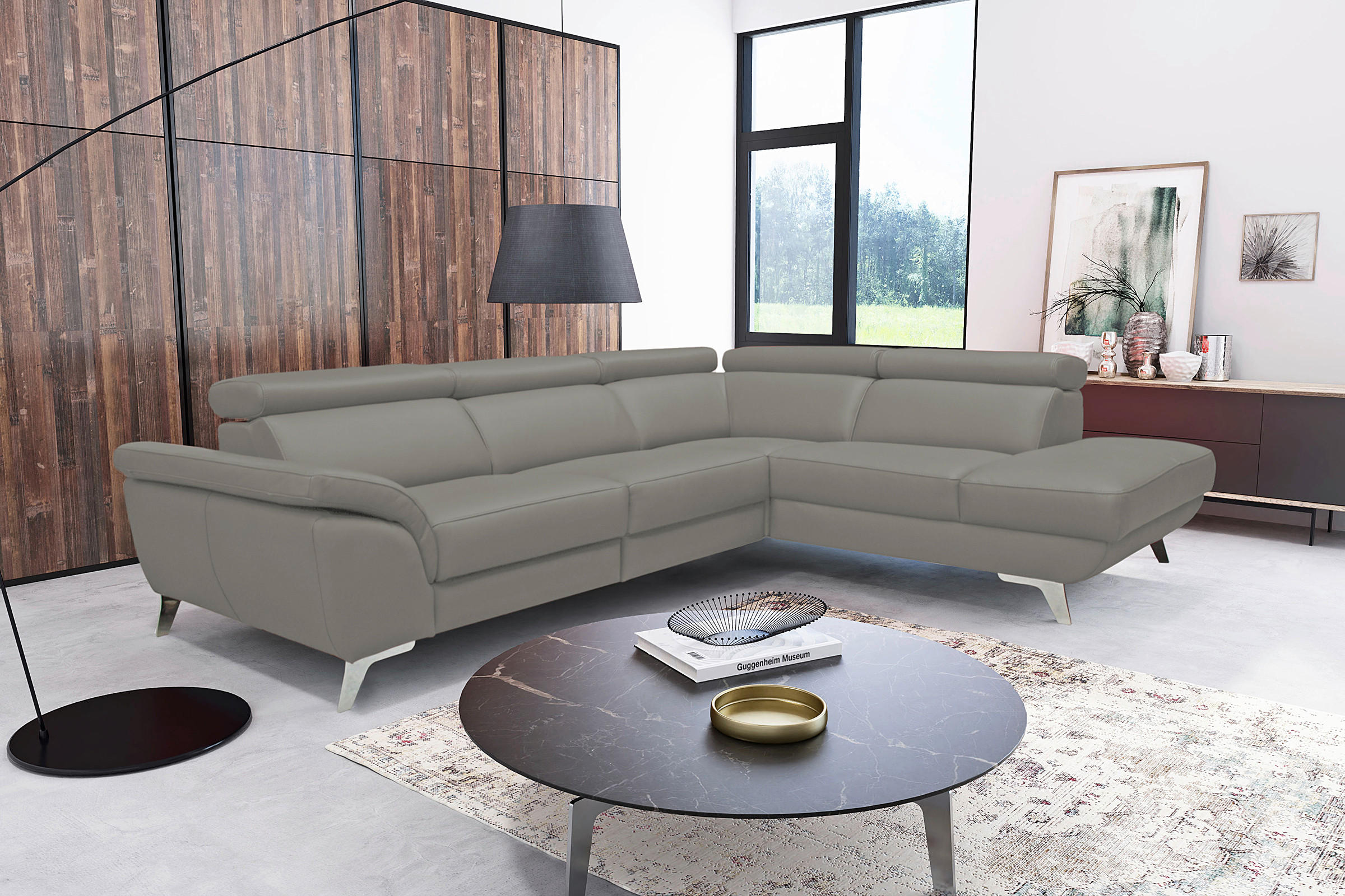 ECKSOFA Echtleder Grau  - Silberfarben/Grau, Design, Leder/Metall (228/283cm) - Livetastic