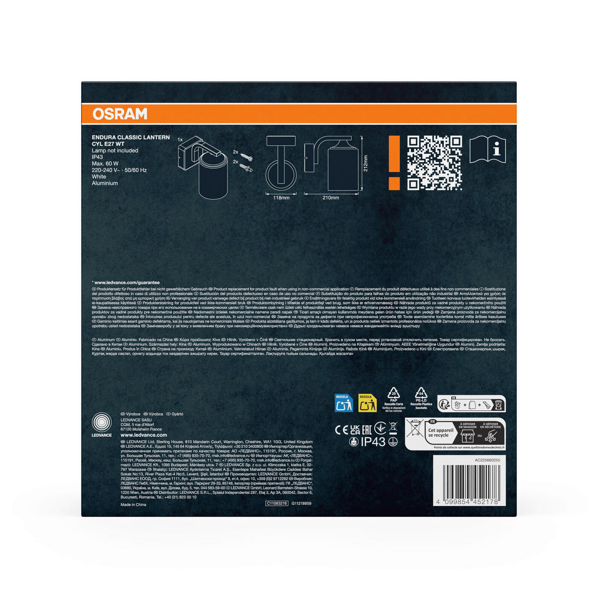 AUßENLEUCHTE 21/11,8/21,2 cm   - Weiß, Basics, Glas/Metall (21/11,8/21,2cm) - Osram