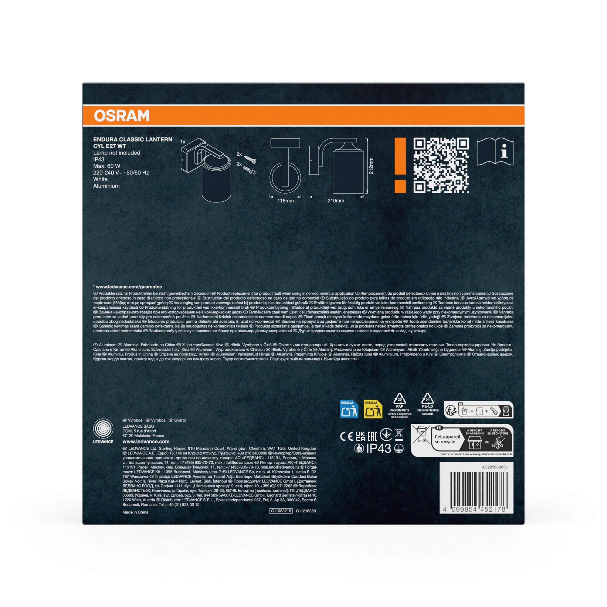 Thumbnail - Osram AUßENLEUCHTE, Weiß, Metall, Glas, 11.8x21.2x21 cm, Lampen & Leuchten, Außenbeleuchtung, Außenleuchten