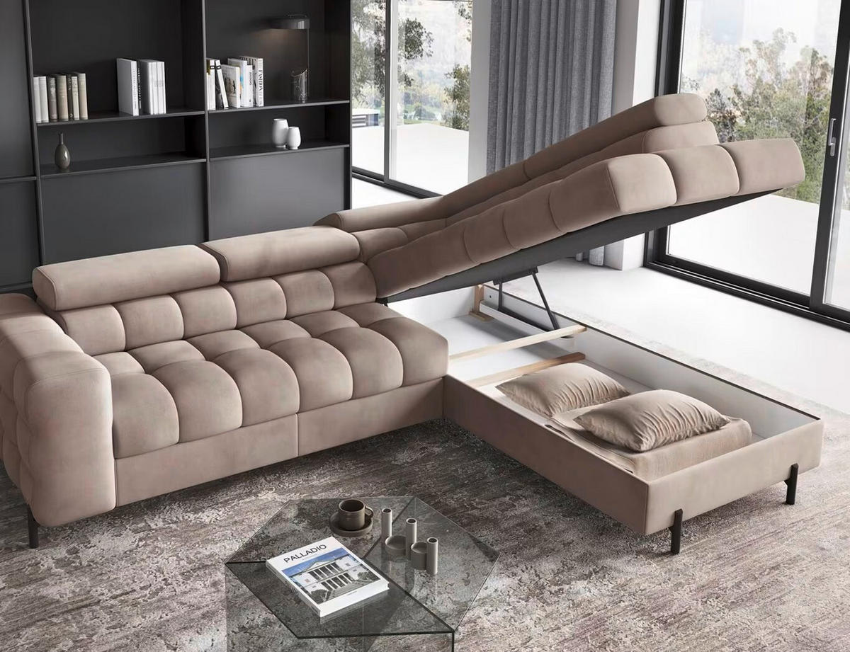 ECKSOFA Beige Plüsch  - Beige/Schwarz, Design, Textil/Metall (276/200cm) - MID.YOU
