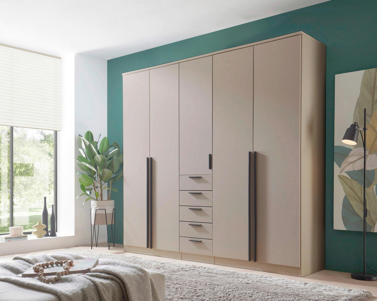 KLEIDERSCHRANK 225/210/52 cm,  in Kaschmir, 5-türig  - Kaschmir/Schwarz, KONVENTIONELL, Holzwerkstoff/Kunststoff (225/210/52cm) - Livetastic
