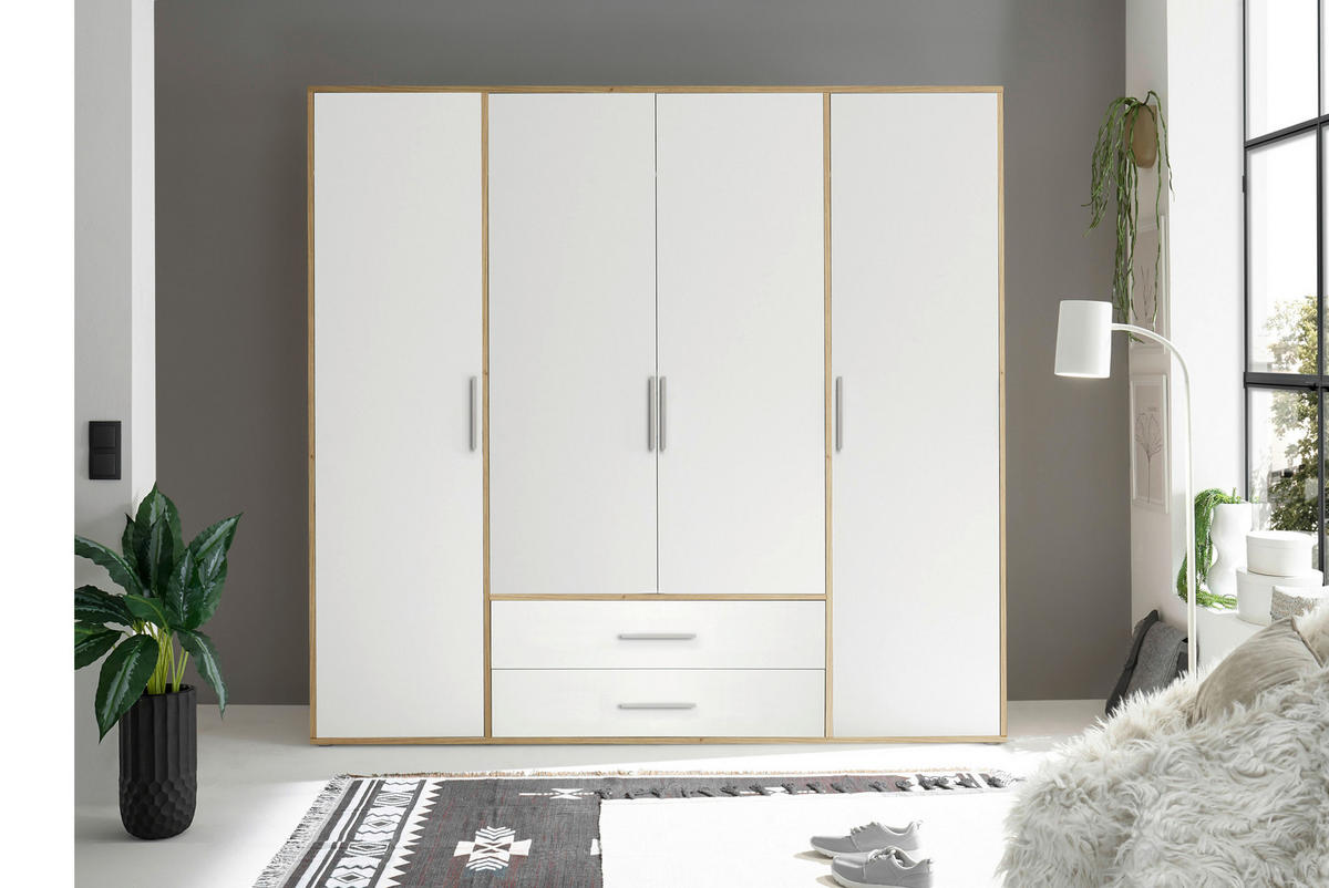 KLEIDERSCHRANK 206/195/60 cm 4-türig Weiß, Eiche Artisan  - Alufarben/Weiß, Basics, Holzwerkstoff/Kunststoff (206/195/60cm)