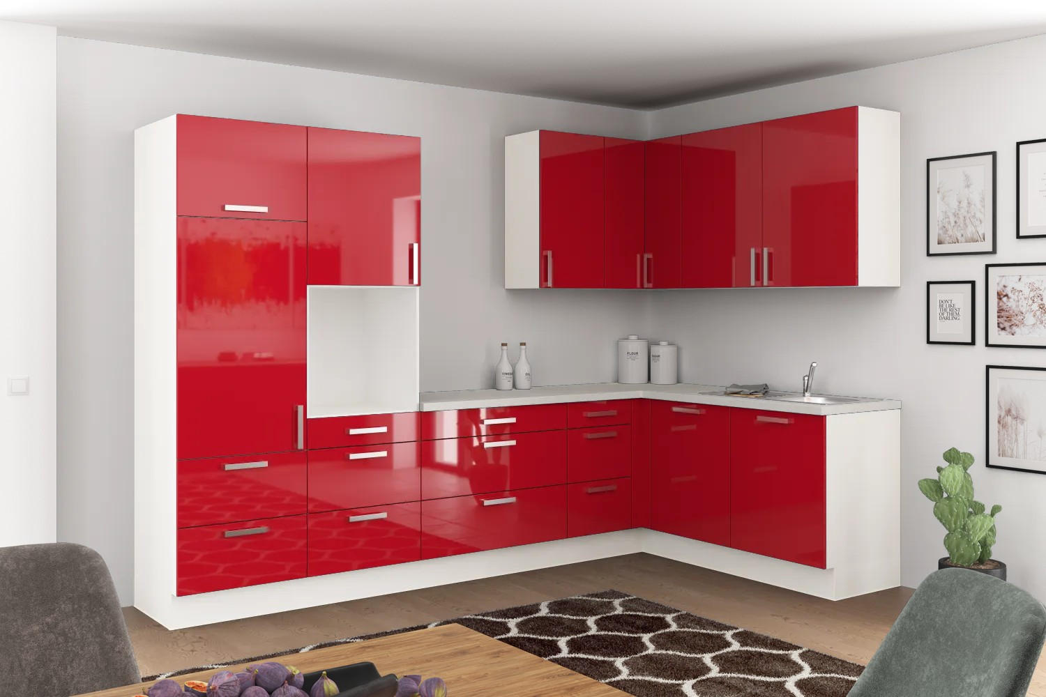 Eckküche Ip4050 ohne Geräte 320x185 cm Rot/Weiß
