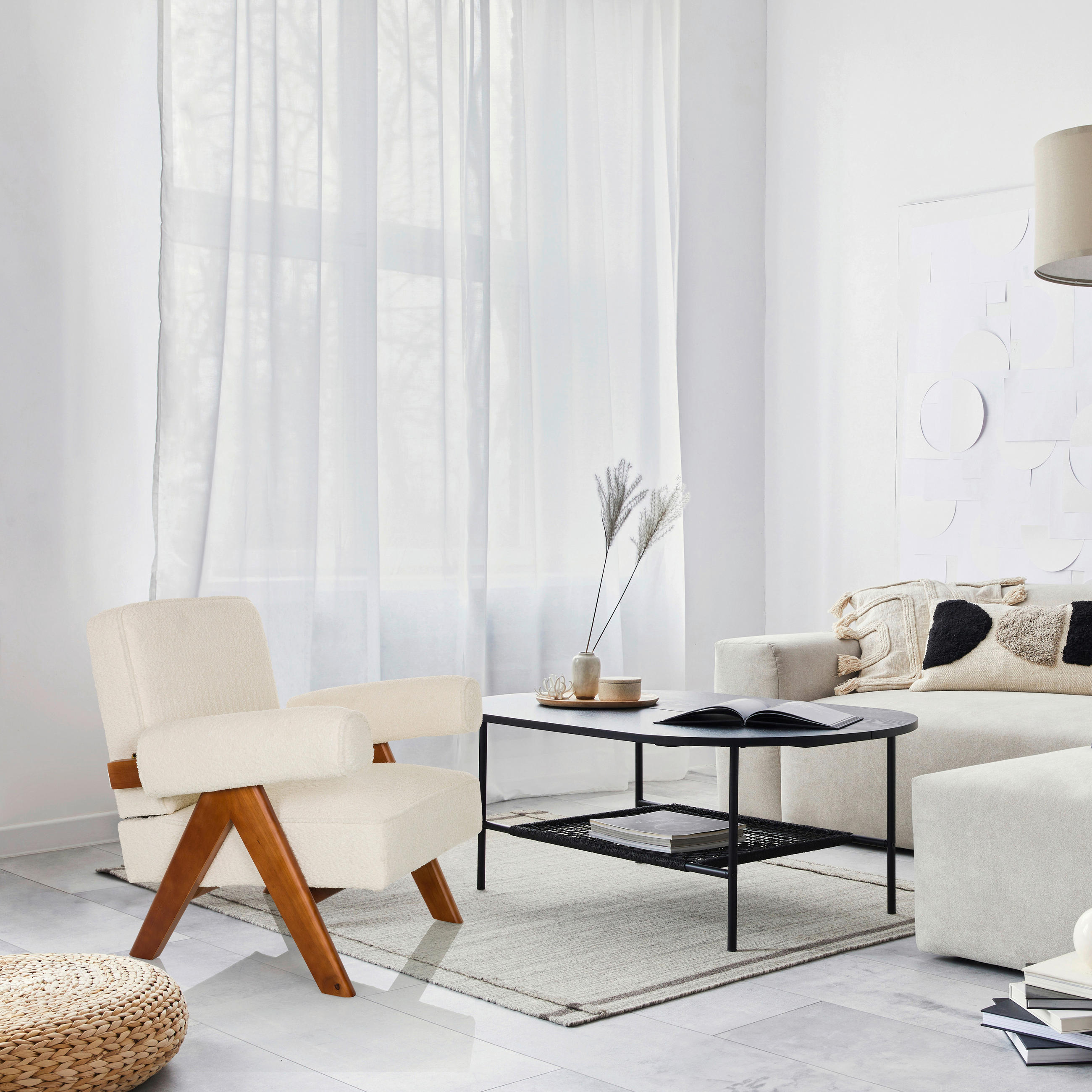 LOUNGEFÅTÖLJ  - vit/brun, Modern, trä/textil (75/74/75cm) - MID.YOU