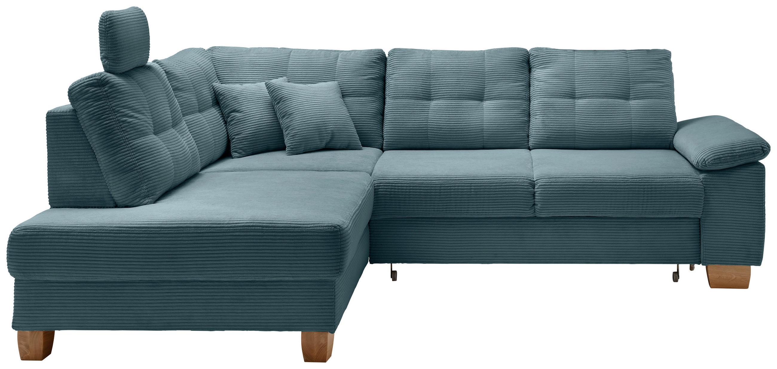ECKSOFA Petrol Cord Bettkasten, Schlaffunktion, Sitztiefenverstellung, Kopfstütze, Liegefläche im Originalstoff  - Petrol/Naturfarben, MODERN, Holz/Textil (206/274cm) - Livetastic