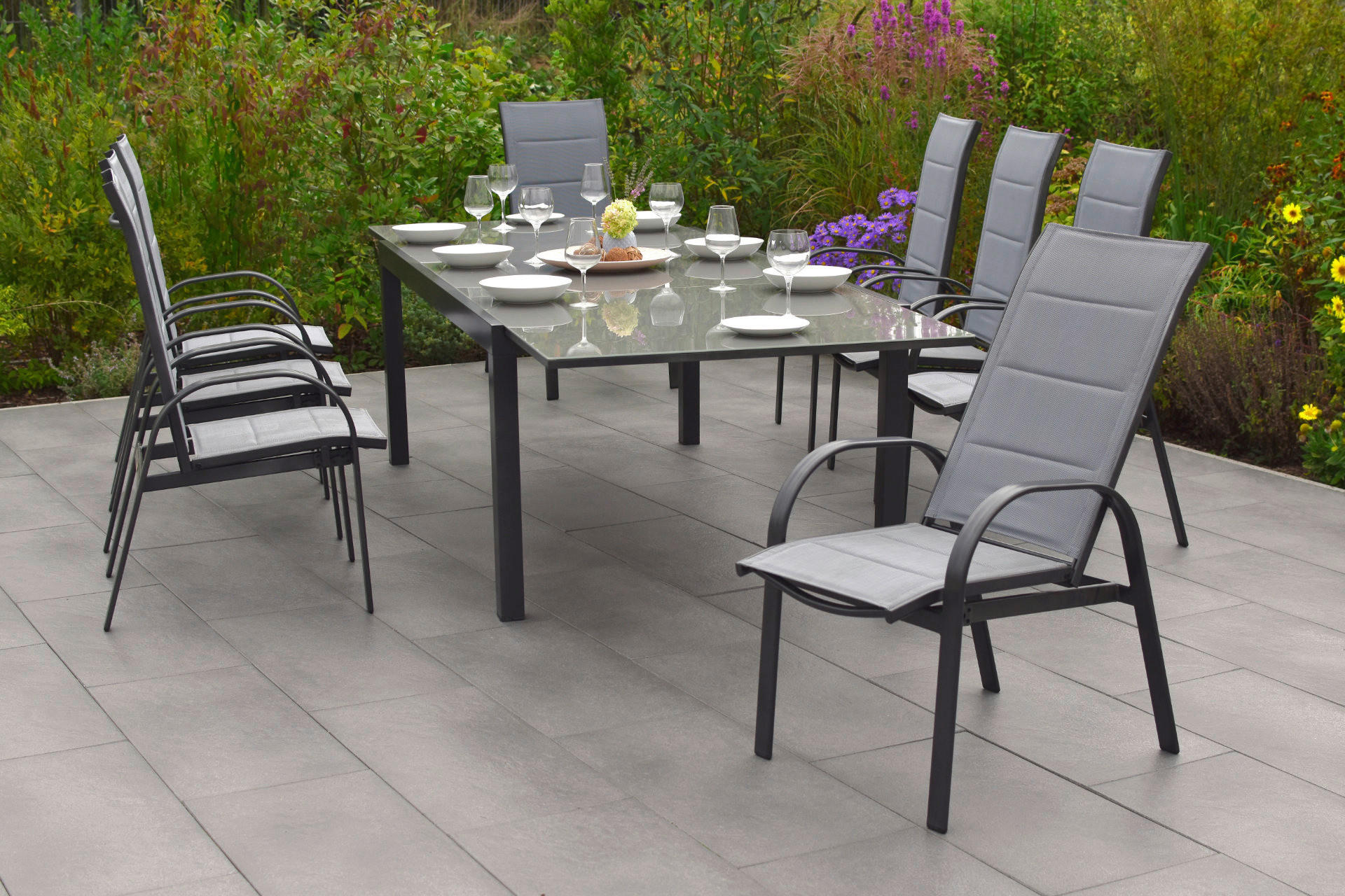 GARTENSET 9-teilig Aluminium 9-teilig  - Graphitfarben/Grau, MODERN, Glas/Textil - Gardenson