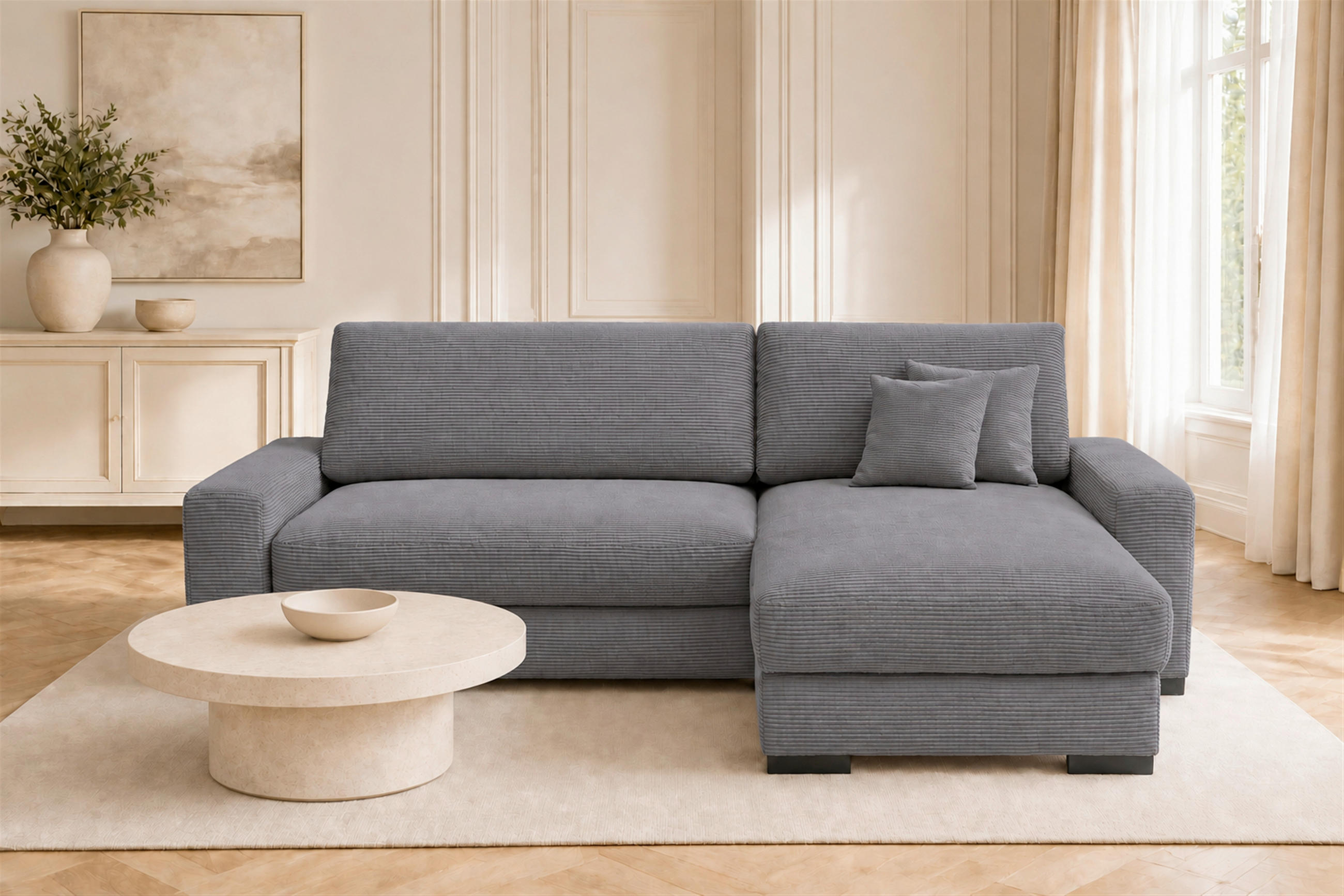 ECKSOFA Grau Cord Zierkissen, Rückenkissen, Schlaffunktion, Topper, Stauraum  - Schwarz/Grau, Basics, Holz/Textil (264/184cm) - MID.YOU
