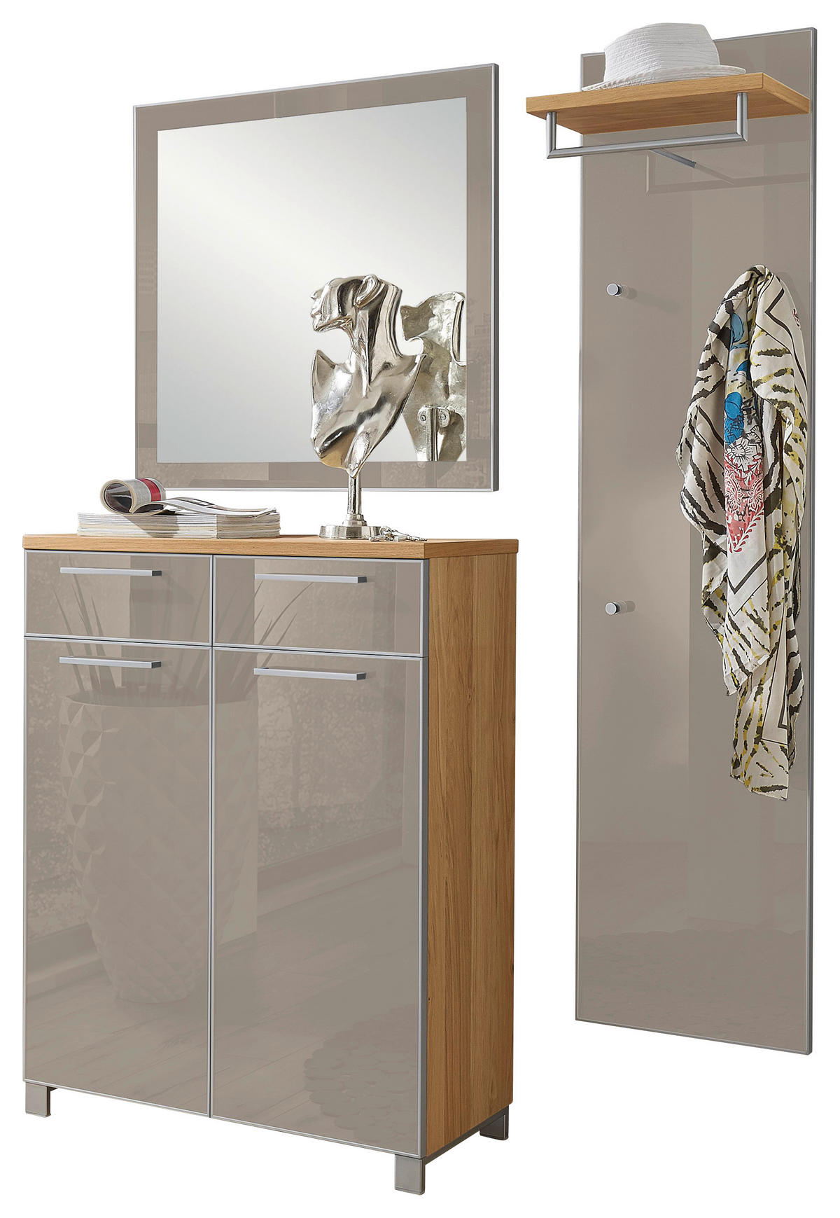 GARDEROBE 3-teilig  in 135/195/37 cm  - Taupe/Eichefarben, Design, Glas/Holz (135/195/37cm)