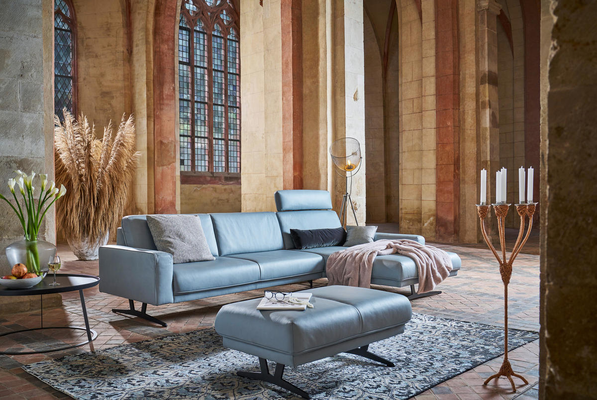 ECKSOFA in Echtleder Hellblau  - Anthrazit/Hellblau, Konventionell, Leder/Metall (324/179cm) - Johann Jakob