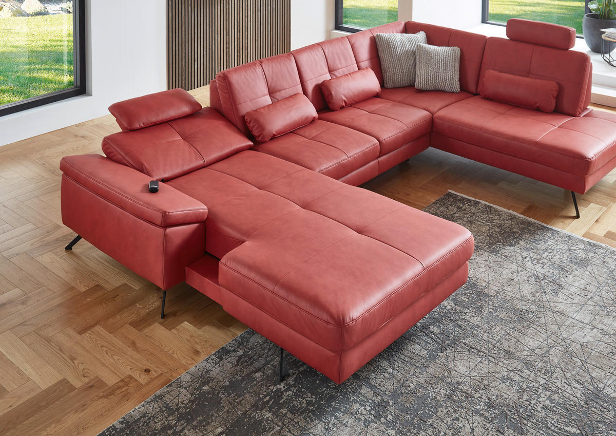 WOHNLANDSCHAFT in Lederlook, Mikrofaser Rot  - Rot/Schwarz, Design, Textil/Metall (179/345/220cm) - Beldomo System