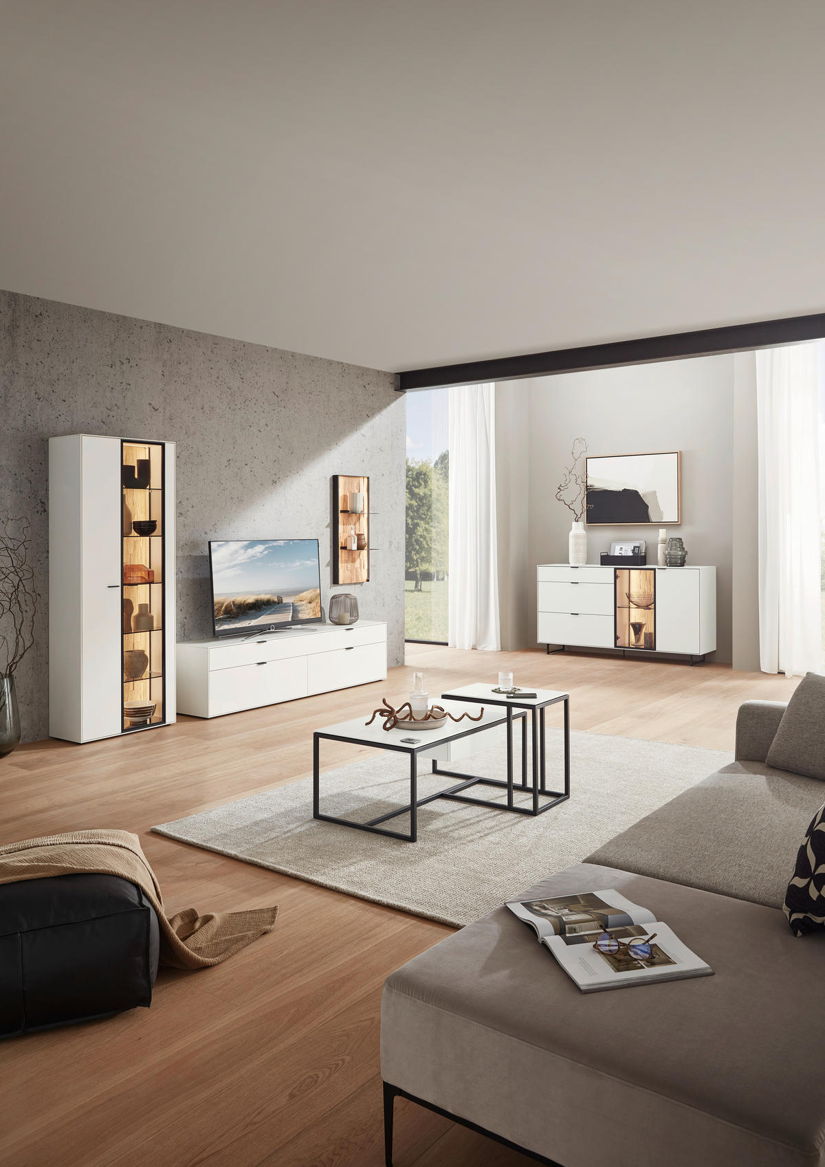 WOHNWAND 3-teilig  in Weiss, Wildeiche 326,5/205,5/45,2 cm  - Wildeiche/Weiss, Design, Glas/Holz (326,5/205,5/45,2cm) - Dieter Knoll