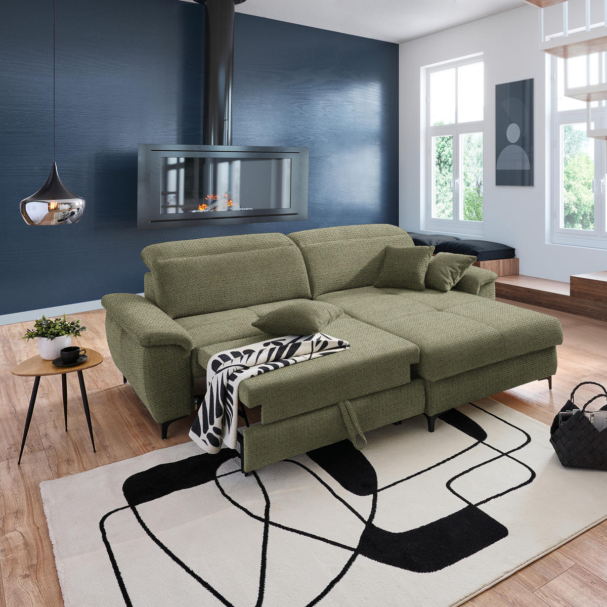 ECKSOFA in Chenille Grün  - Schwarz/Grün, Design, Textil/Metall (185/256cm) - Stylife