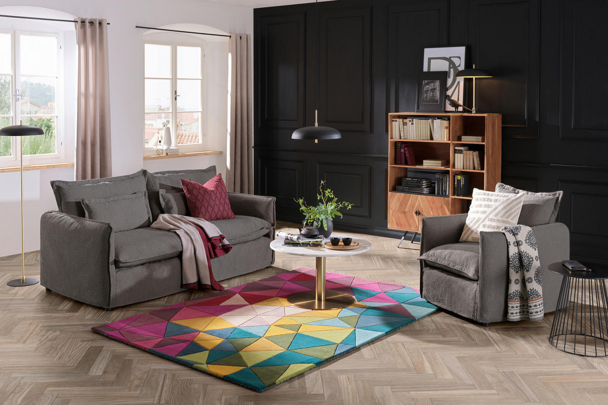 HUSSEN-SOFA in Flachgewebe, Bouclé Grau  - Grau, Trend, Textil/Metall (195/82/98cm) - Livetastic