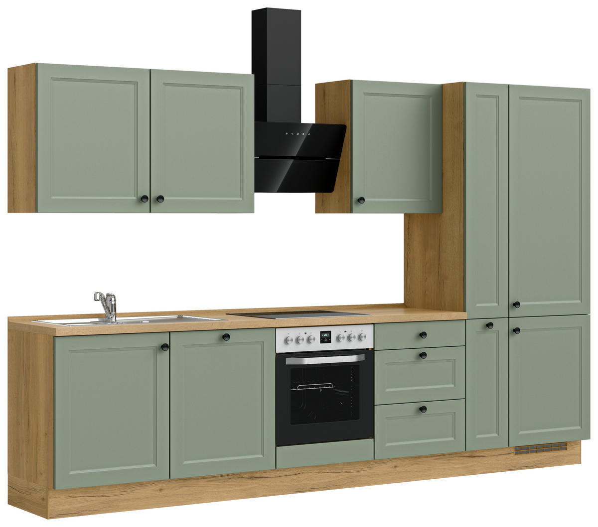 KÜCHENBLOCK 330 cm   in Eichefarben, Schilfgrün  - Schilfgrün/Eichefarben, MODERN, Holzwerkstoff/Metall (330cm) - Nobilia