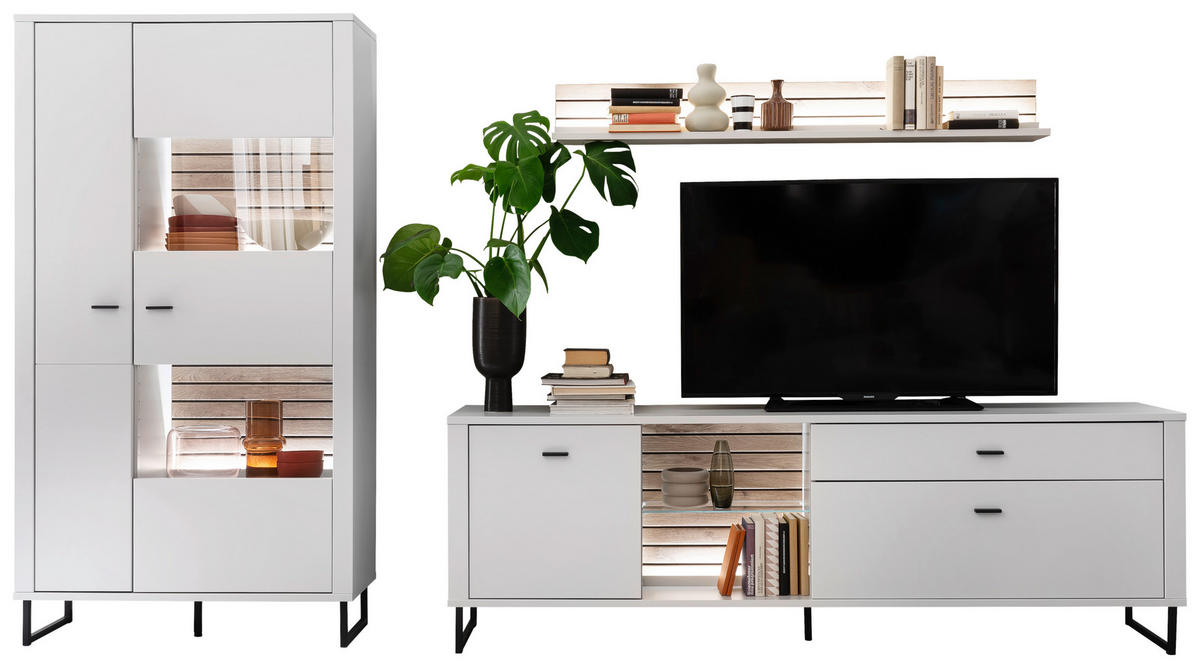 WOHNWAND  in Weiss, Eichefarben 326/185/44 cm  - Weiss/Eichefarben, Design, Glas/Holzwerkstoff (326/185/44cm) - Stylife