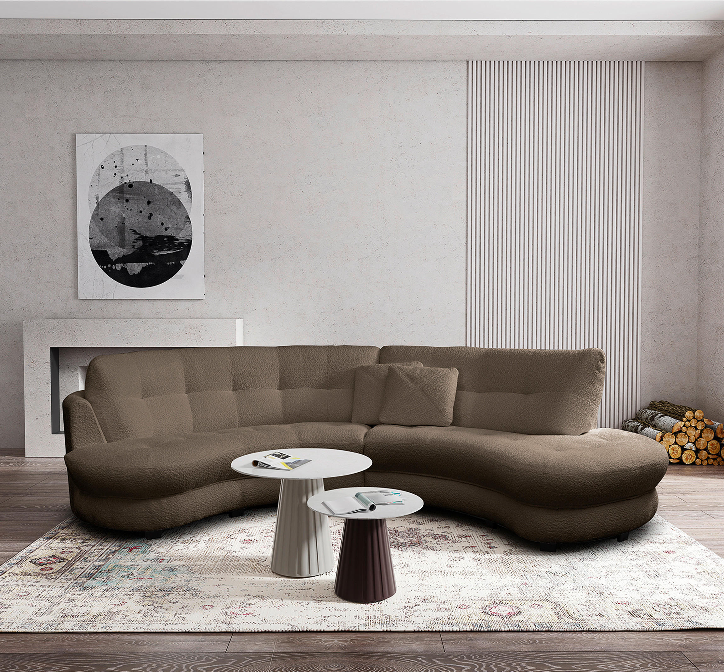 ECKSOFA Rundform  Braun Bouclé  - Schwarz/Braun, Design, Kunststoff/Textil (300/113cm) - Livetastic