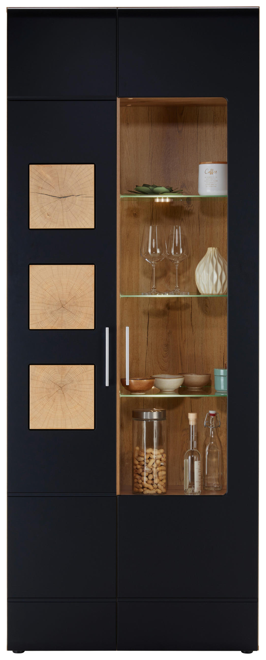 Vitrină, negru, culoare lemn stejar  - culoare crom/culoare lemn stejar, Konventionell, plastic/sticlă (80/208/37cm) - Hom`in