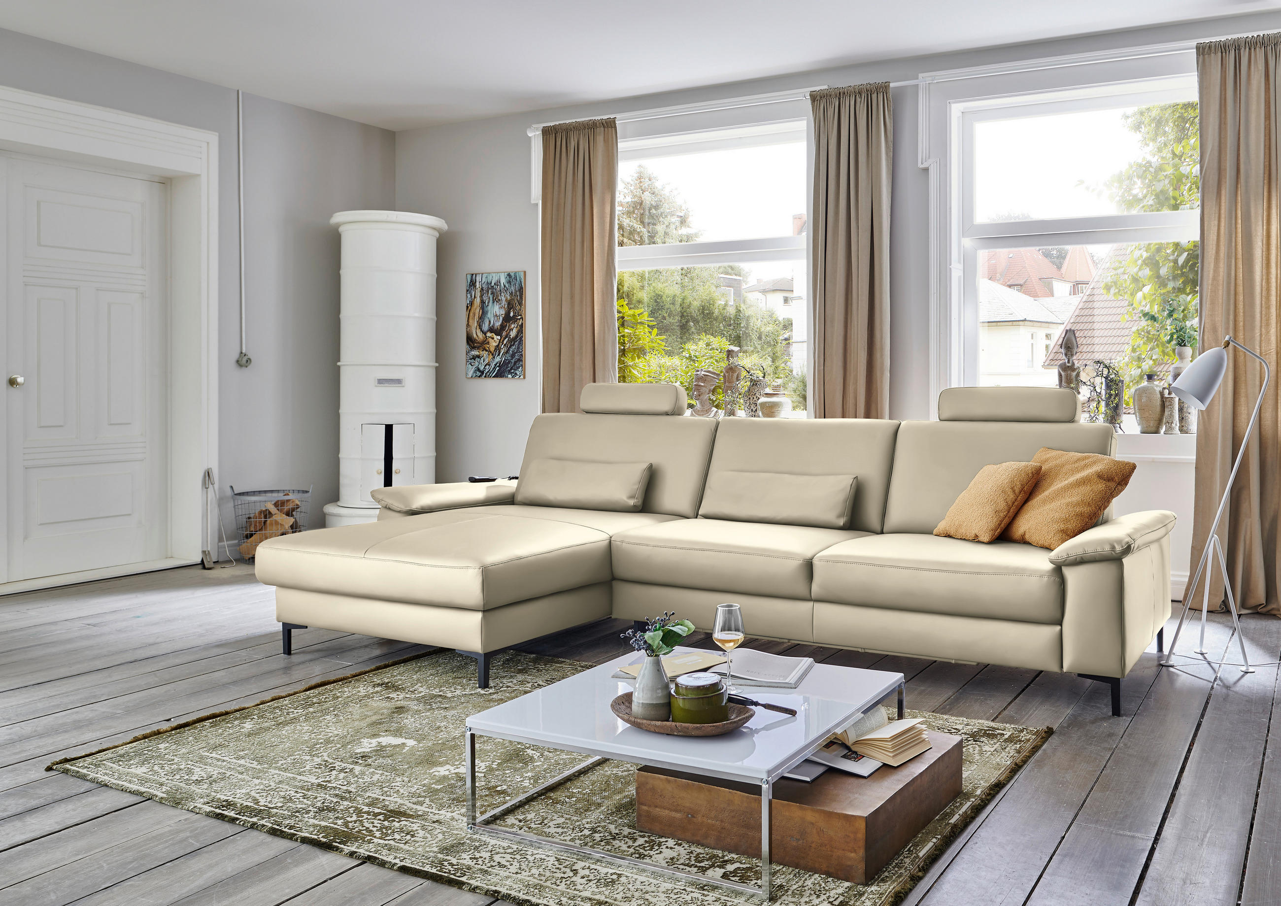 ECKSOFA in Echtleder Creme, Naturfarben  - Creme/Schwarz, Design, Leder/Metall (176/334cm) - Dieter Knoll