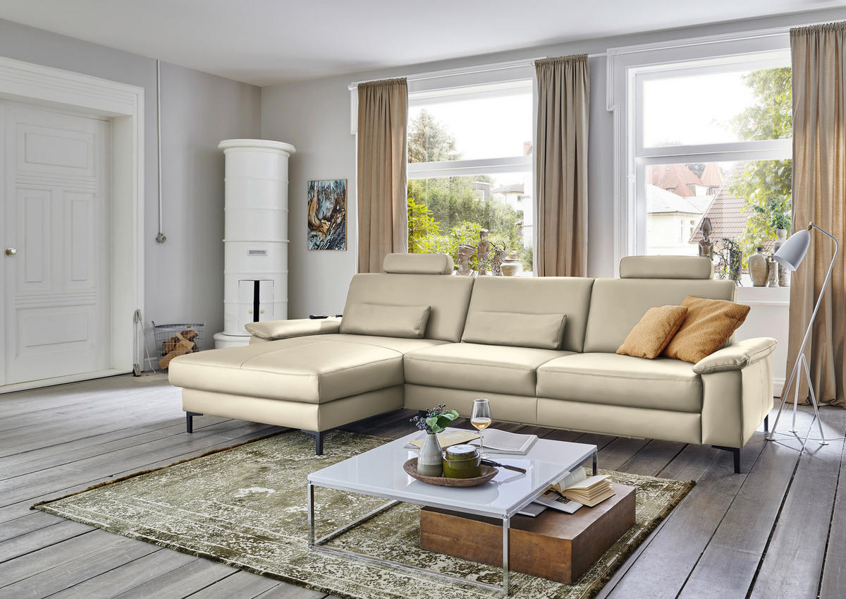 ECKSOFA in Echtleder Creme, Naturfarben  176/334 cm  - Creme/Schwarz, Design, Leder/Metall (176/334cm) - Dieter Knoll