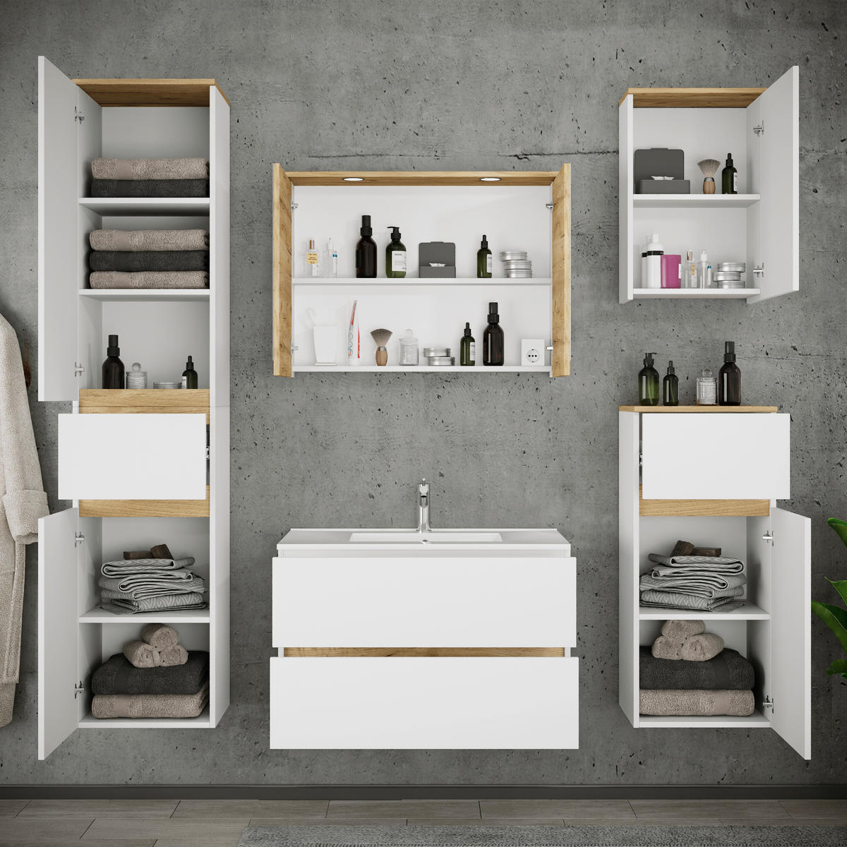 BADEZIMMER 6-teilig  in 161 cm  - Honigeiche/Weiß, Trend, Keramik/Holzwerkstoff (161cm) - MID.YOU
