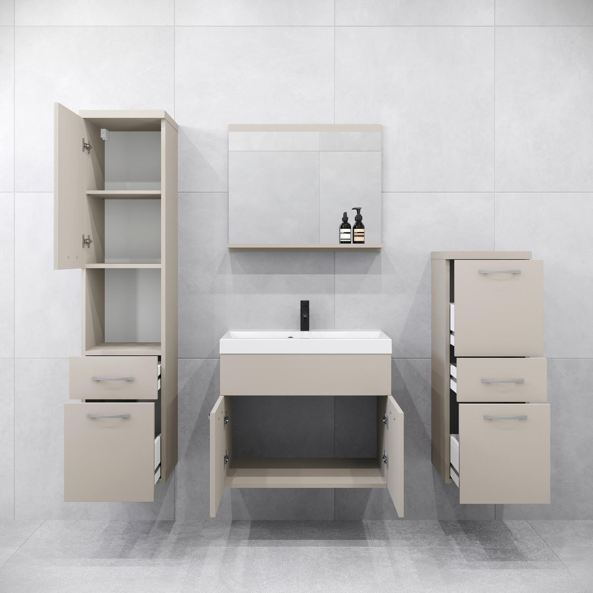 BADEZIMMER 5-teilig  in  - Kaschmir/Beige, LIFESTYLE, Keramik/Holzwerkstoff (120/132,8/30,2cm) - P & B