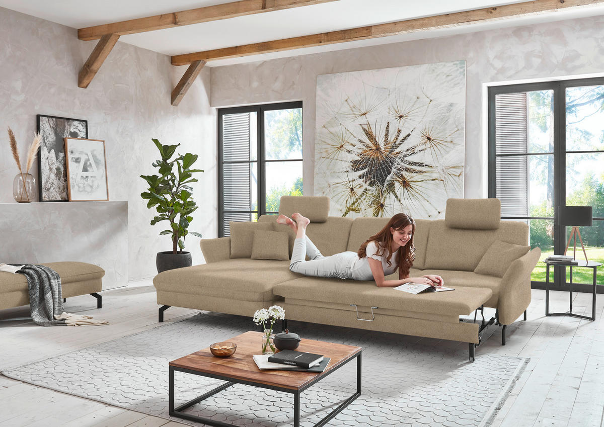 ECKSOFA in Velours Hellbraun  - Hellbraun/Schwarz, Design, Textil/Metall (179/306cm) - Beldomo System