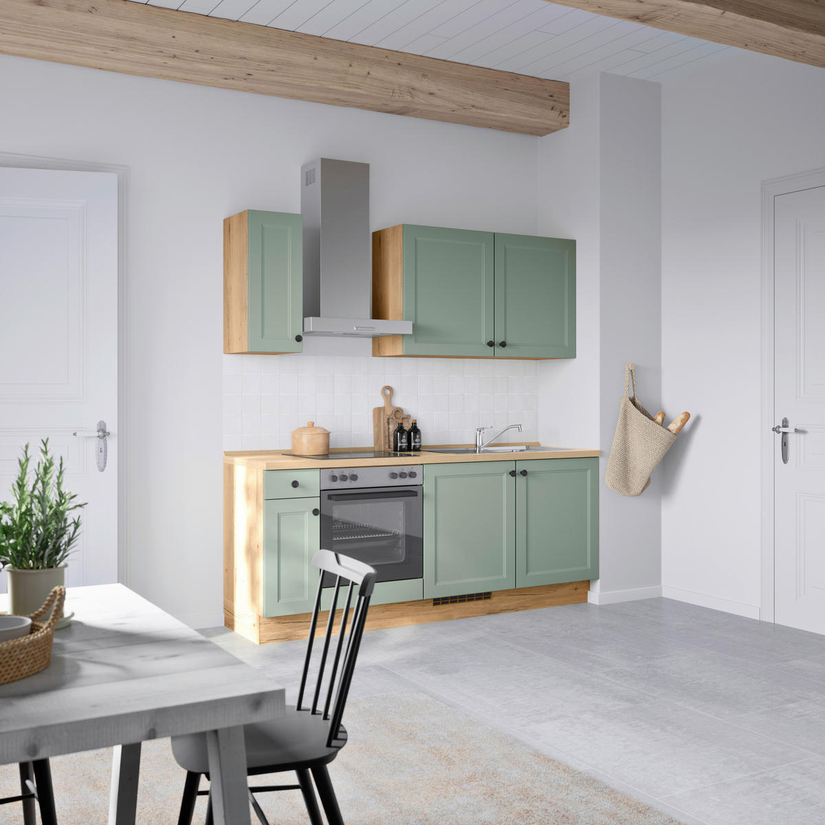 KÜCHENBLOCK Cascada 210 cm  in Grün, Eichefarben  - Eichefarben/Schwarz, MODERN, Holzwerkstoff/Metall (210cm) - Nobilia