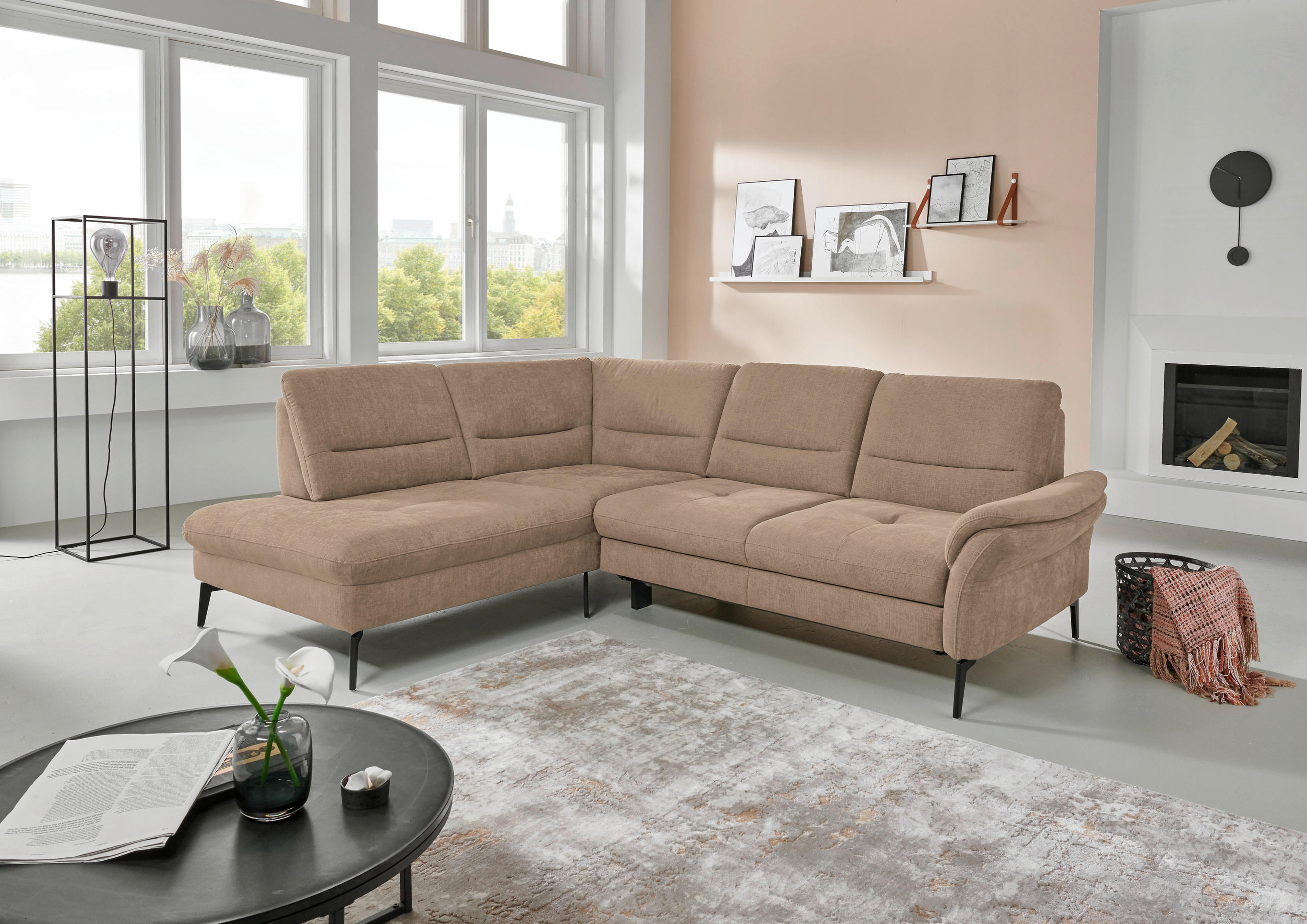 ECKSOFA in Webstoff Hellbraun  206/256 cm  - Hellbraun/Schwarz, Design, Textil/Metall (206/256cm) - Beldomo System