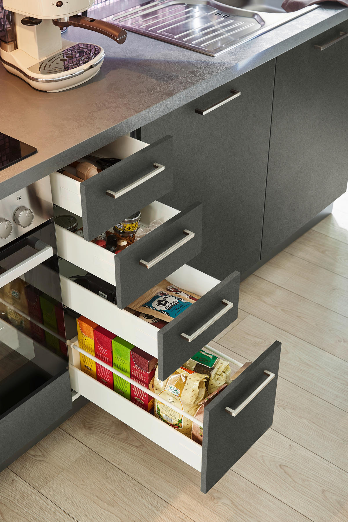 KÜCHENLEERBLOCK   in Anthrazit, Dunkelgrau  - Edelstahlfarben/Dunkelgrau, Design, Holzwerkstoff/Metall (295/120cm) - Welnova