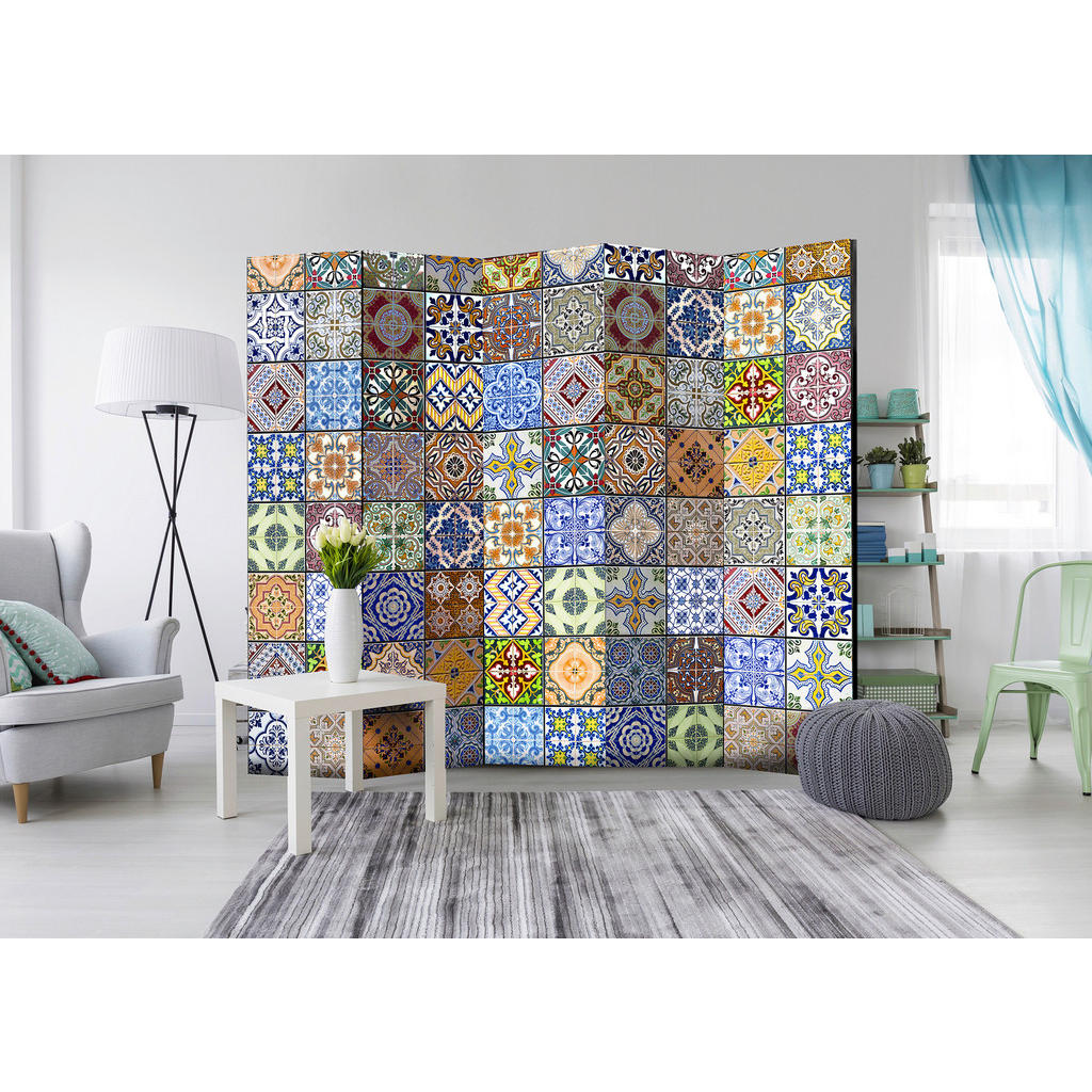 Thumbnail - artgeist Paravent, Grün, Holz, Kunststoff, Textil, Kiefer, massiv, Mosaik, 225x172x3 cm, Motiv auf Vorder- und Rückseite...