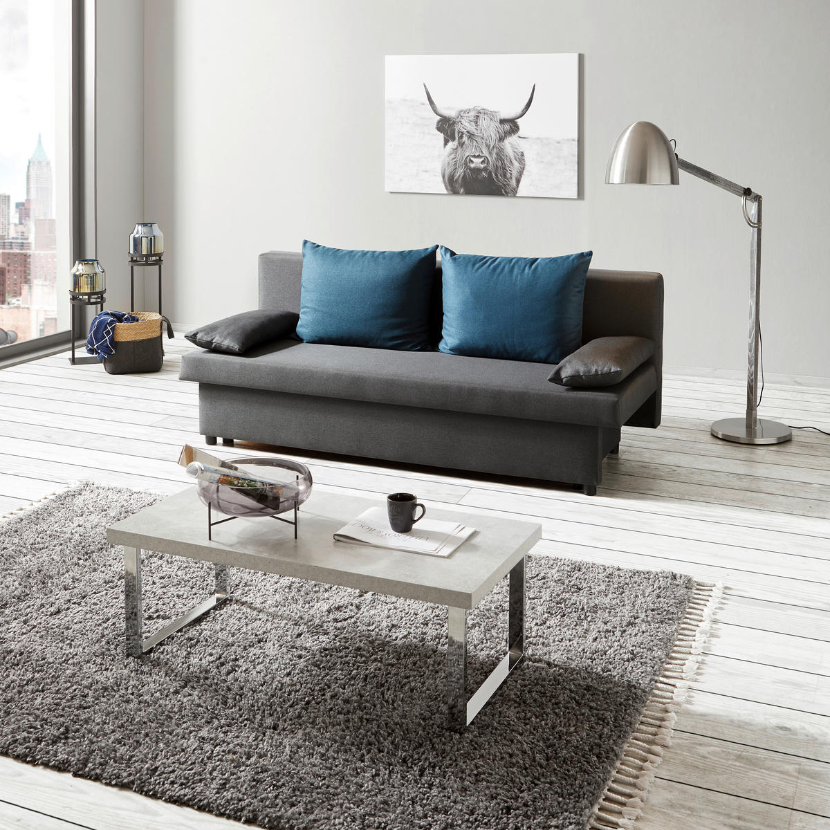 SCHLAFSOFA  mit Rücken echt Dunkelgrau  - Blau/Dunkelgrau, Basics, Karton/Holz (192/82cm) - MID.YOU