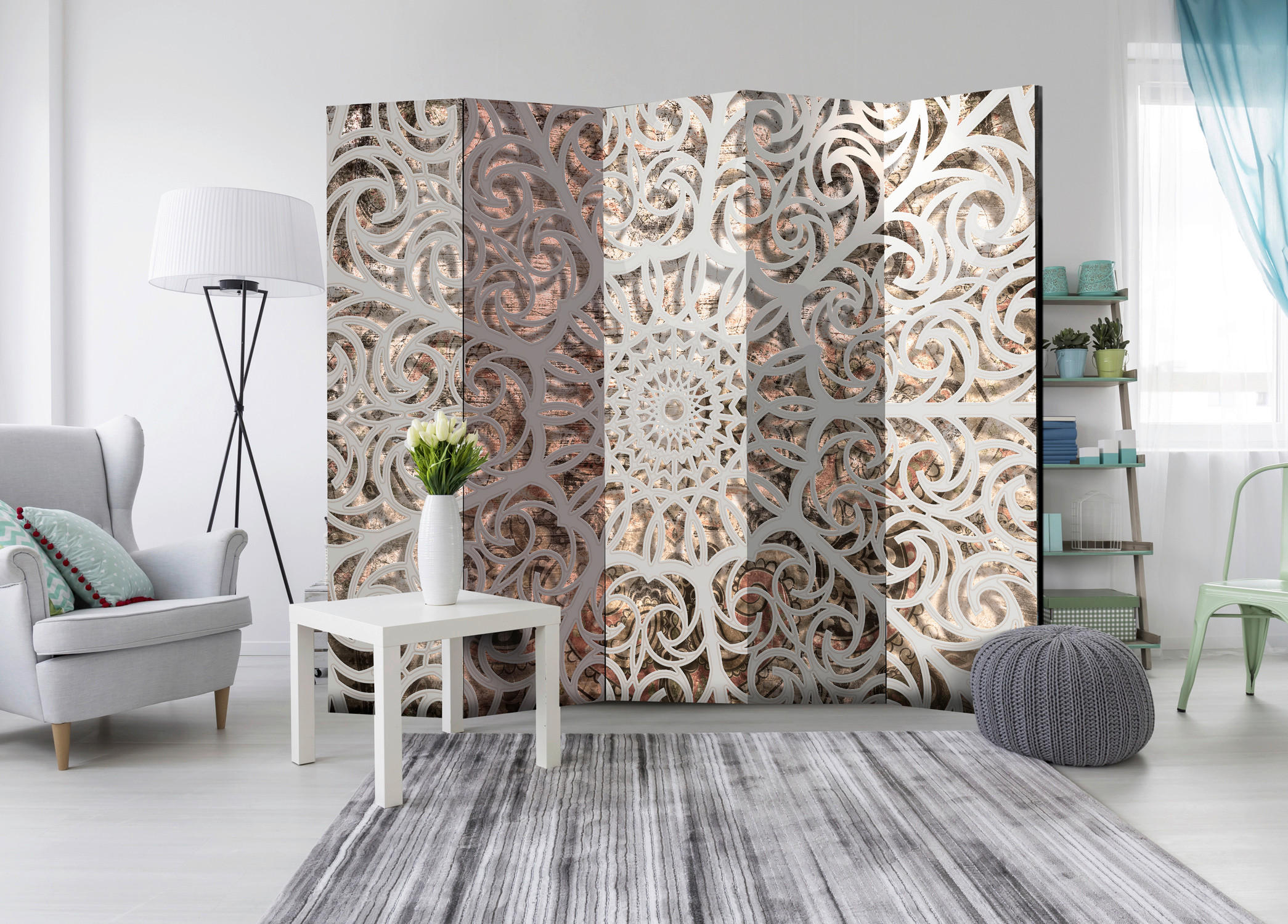 Thumbnail - artgeist Paravent, Braun, Beige, Holz, Textil, Kiefer, massiv, Mandala, 225x172x3 cm, Motiv auf Vorderseite, Wohnzimmer,...