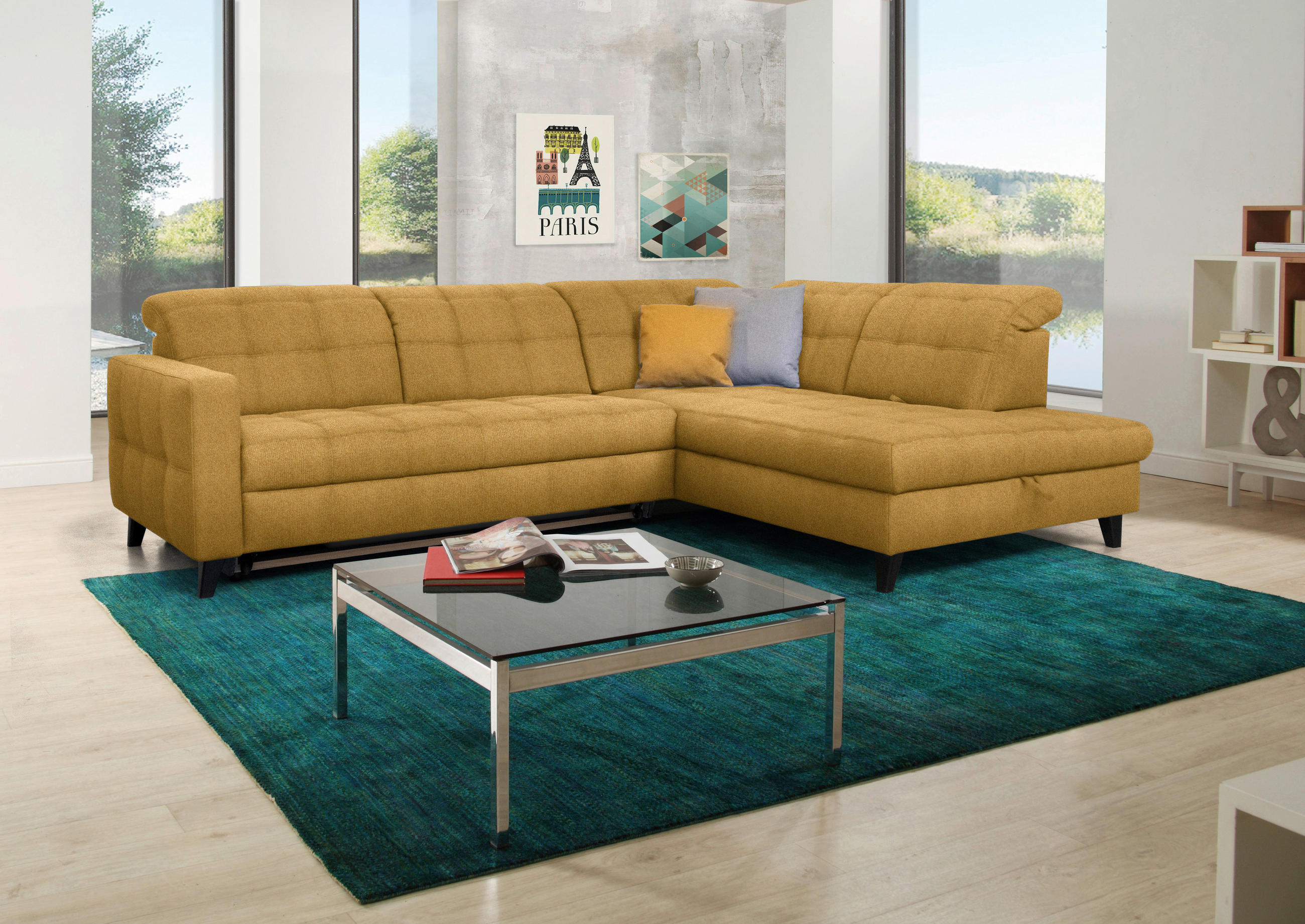 ECKSOFA in Webstoff Currygelb  - Currygelb/Schwarz, Design, Holz/Textil (297/216cm) - Xora