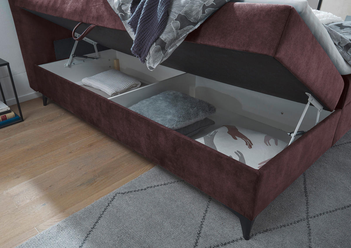 BOXBETT 180/200 cm,  in Aubergine, gepolstertes Kopfteil, Bettkasten, Topper,  - Aubergine/Schwarz, MODERN, Holzwerkstoff/Kunststoff (180/200cm) - MID.YOU