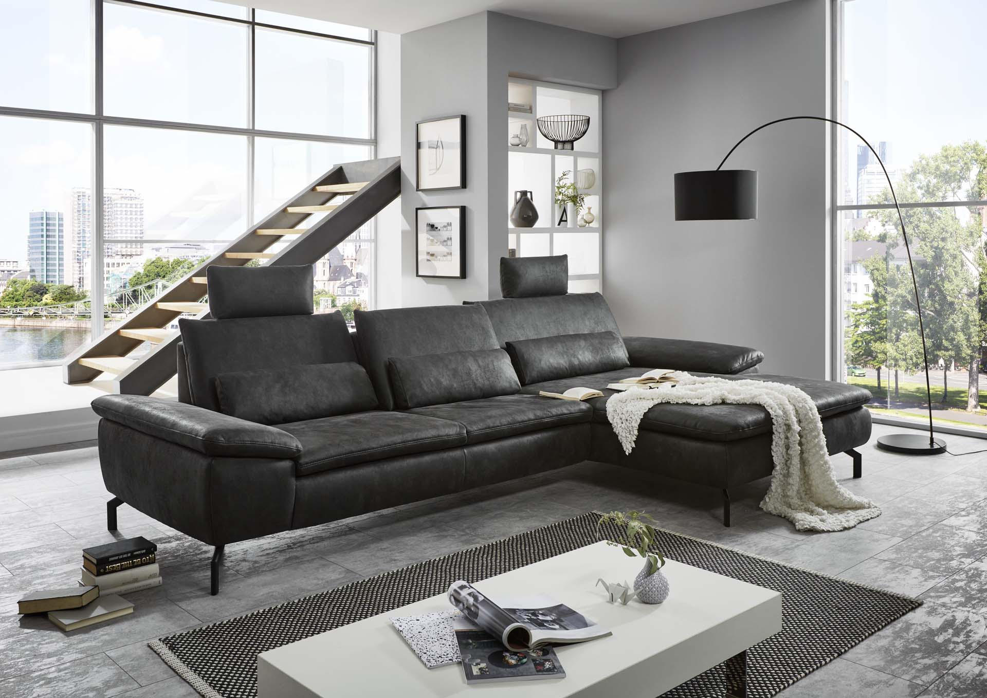 ECKSOFA Anthrazit Mikrofaser  - Anthrazit/Schwarz, Design, Textil/Metall (341/181cm) - Dieter Knoll