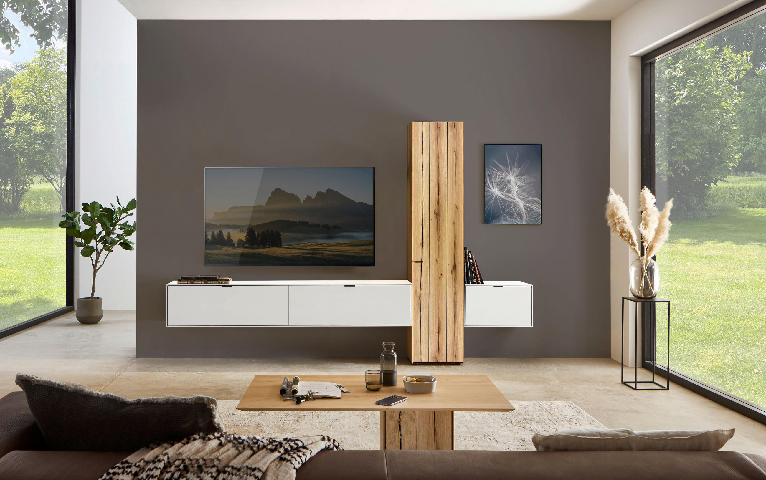 WOHNWAND  in Weiss, Eichefarben 320,7/205,5/37,1 cm  - Weiss/Eichefarben, Design, Glas/Holz (320,7/205,5/37,1cm) - Dieter Knoll