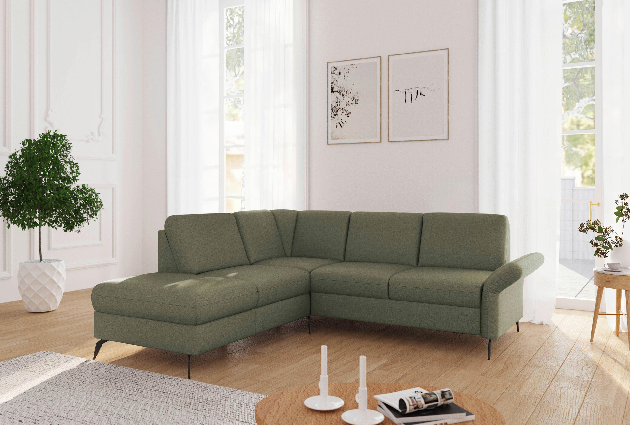 ECKSOFA ROCHELLE E Olivgrün Flachgewebe  - Schwarz/Olivgrün, KONVENTIONELL, Textil/Metall (216/240cm) - Sit & More