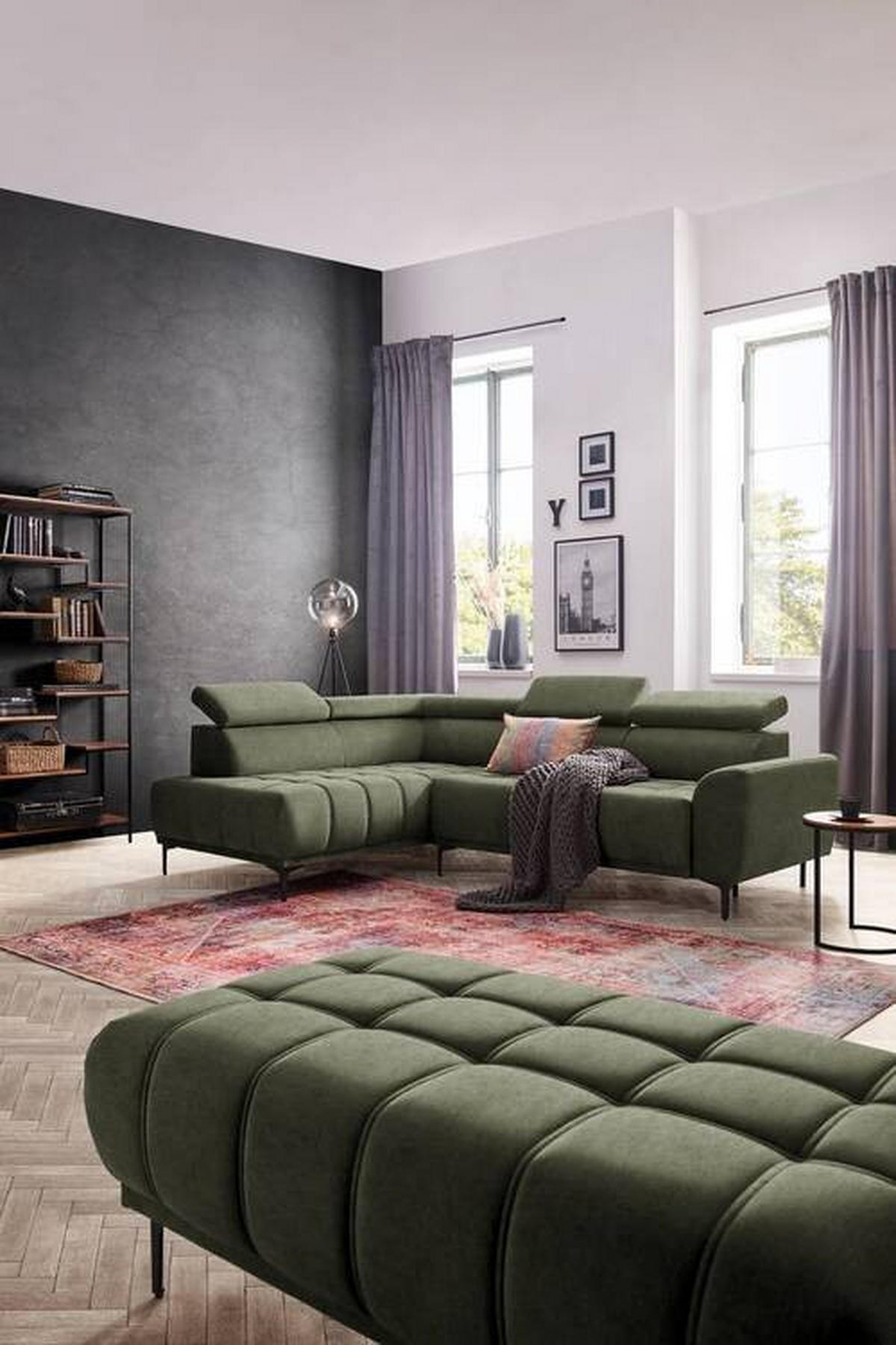 ECKSOFA in Velours Grün  - Schwarz/Grün, Design, Textil/Metall (191/261cm) - Stylife
