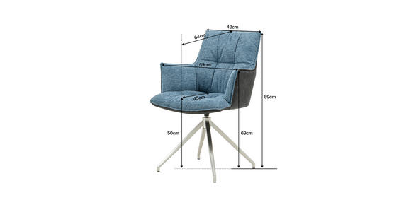 ARMLEHNSTUHL in Edelstahl Mikrofaser, Leinenoptik - Blau/Edelstahlfarben, Design, Textil/Metall (59/89,5/63cm) - Novel
