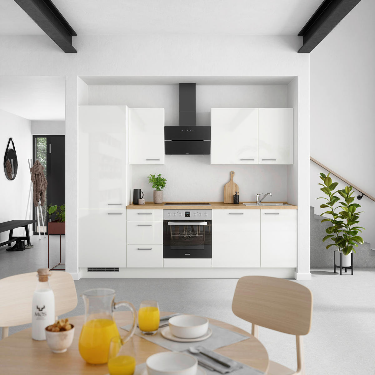 KÜCHENBLOCK 270 cm   in Eichefarben, Weiß Hochglanz  - Edelstahlfarben/Eichefarben, MODERN, Holzwerkstoff/Metall (270cm) - Nobilia