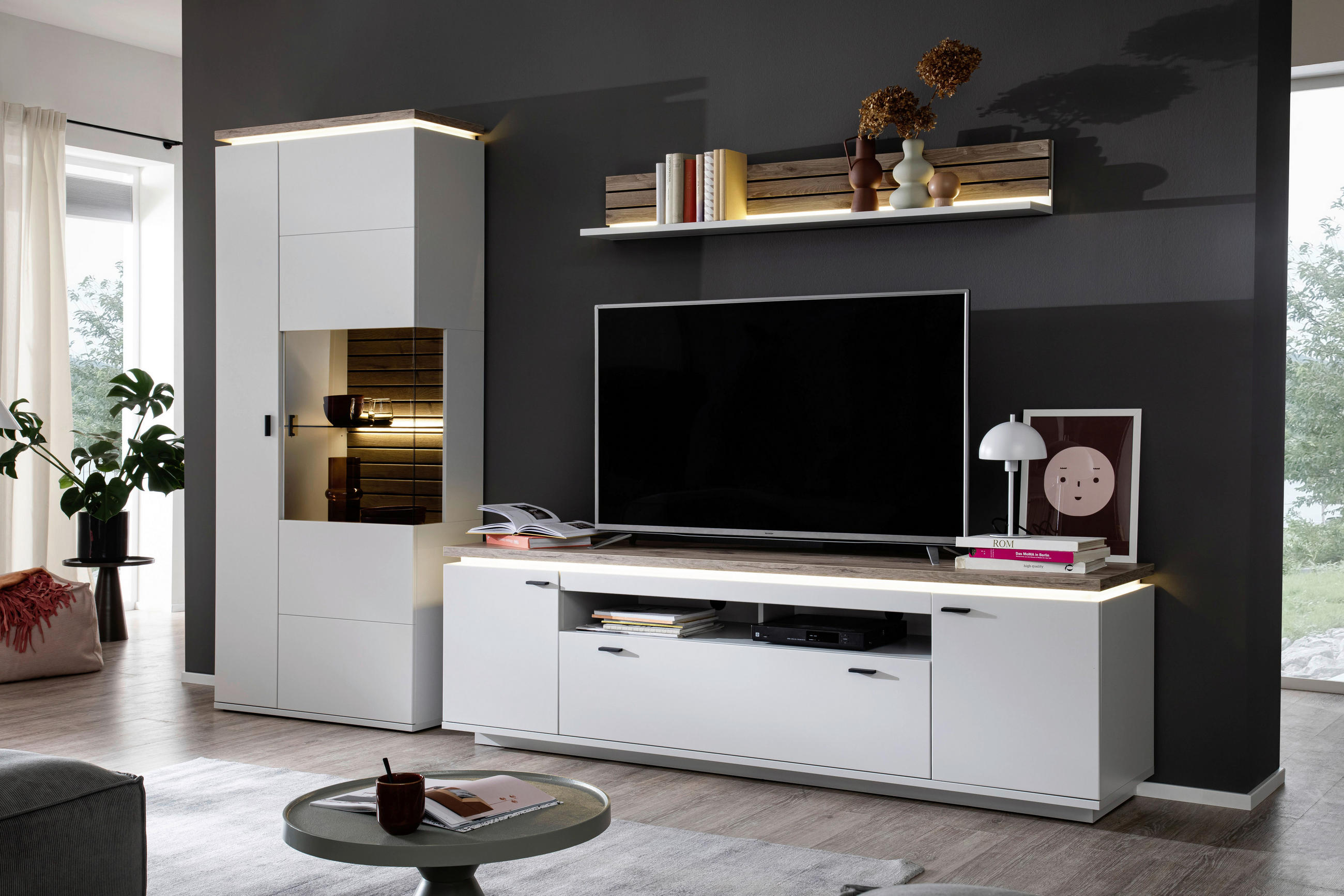 WOHNWAND  in Grau, Eichefarben 310/207/50 cm  - Eichefarben/Anthrazit, Design, Glas/Holzwerkstoff (310/207/50cm) - Stylife