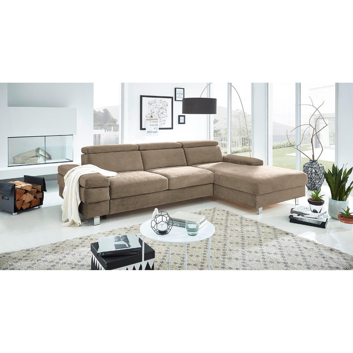 ECKSOFA in Webstoff Schlammfarben  - Schlammfarben/Silberfarben, Konventionell, Textil/Metall (182/82/260cm) - Trendmanufaktur