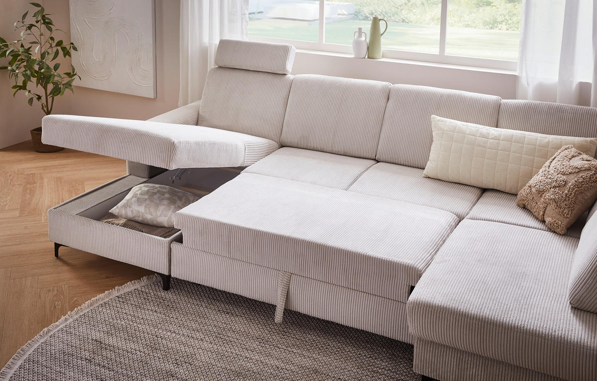 WOHNLANDSCHAFT ink. Funktionen in Cord Creme  - Creme/Schwarz, Konventionell, Textil/Metall (167/317/185cm) - Stylife